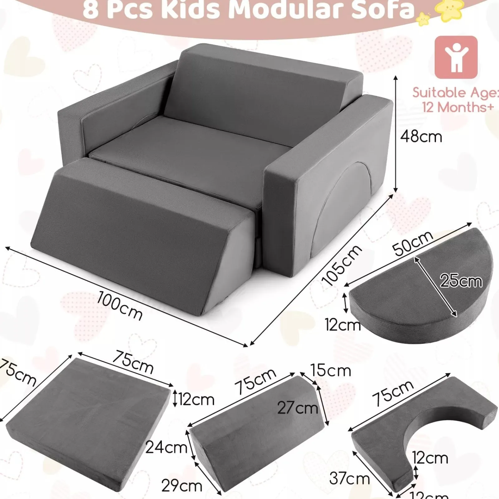 Little Helper Soft Play Sets & Crawl & Climb | Soft Play Sets & Crawl And Climb Equipment | 8 Piece Montessori Modular Soft Play Set | Foam Building Blocks | Sofa Chair | Grey | 12m+