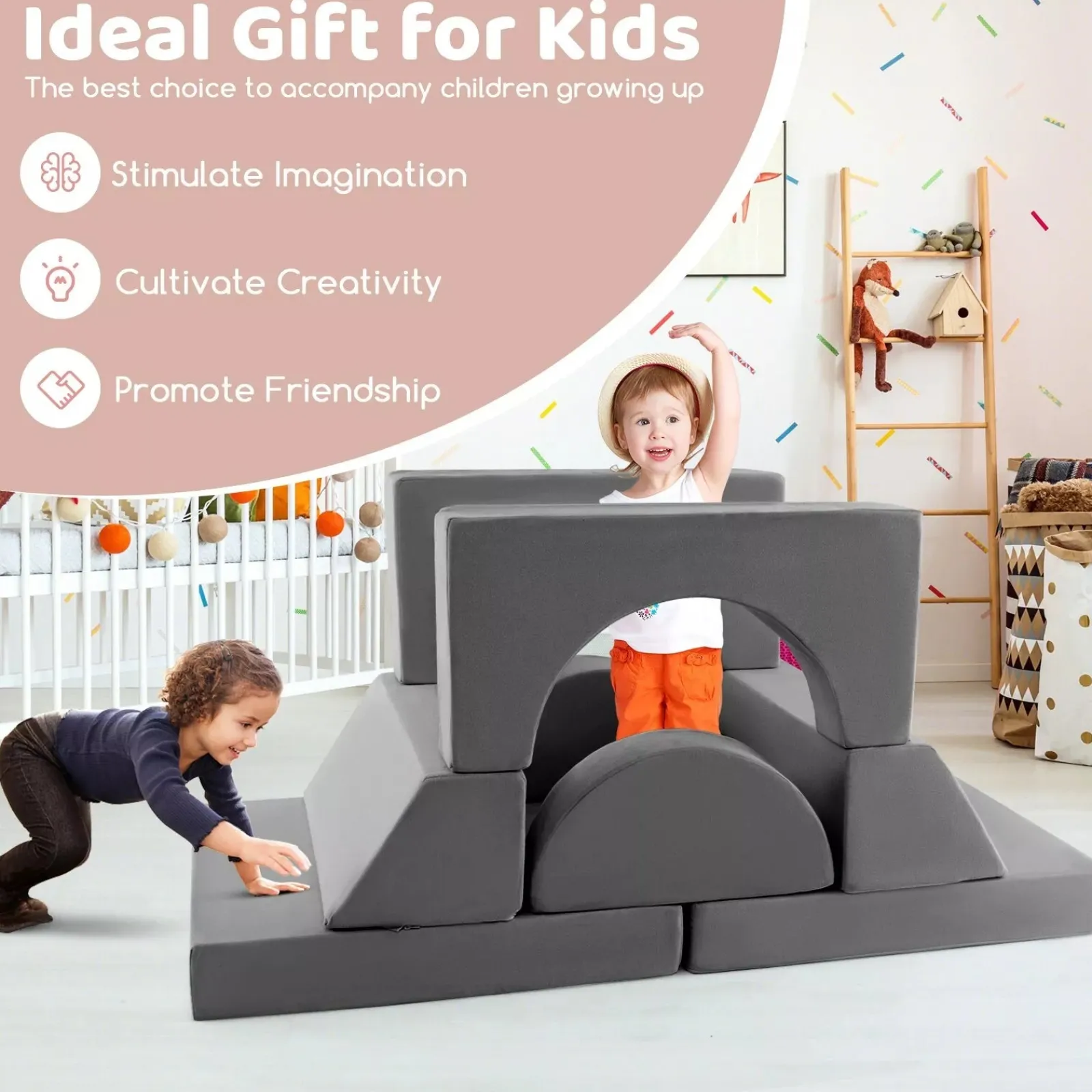 Little Helper Soft Play Sets & Crawl & Climb | Soft Play Sets & Crawl And Climb Equipment | 8 Piece Montessori Modular Soft Play Set | Foam Building Blocks | Sofa Chair | Grey | 12m+