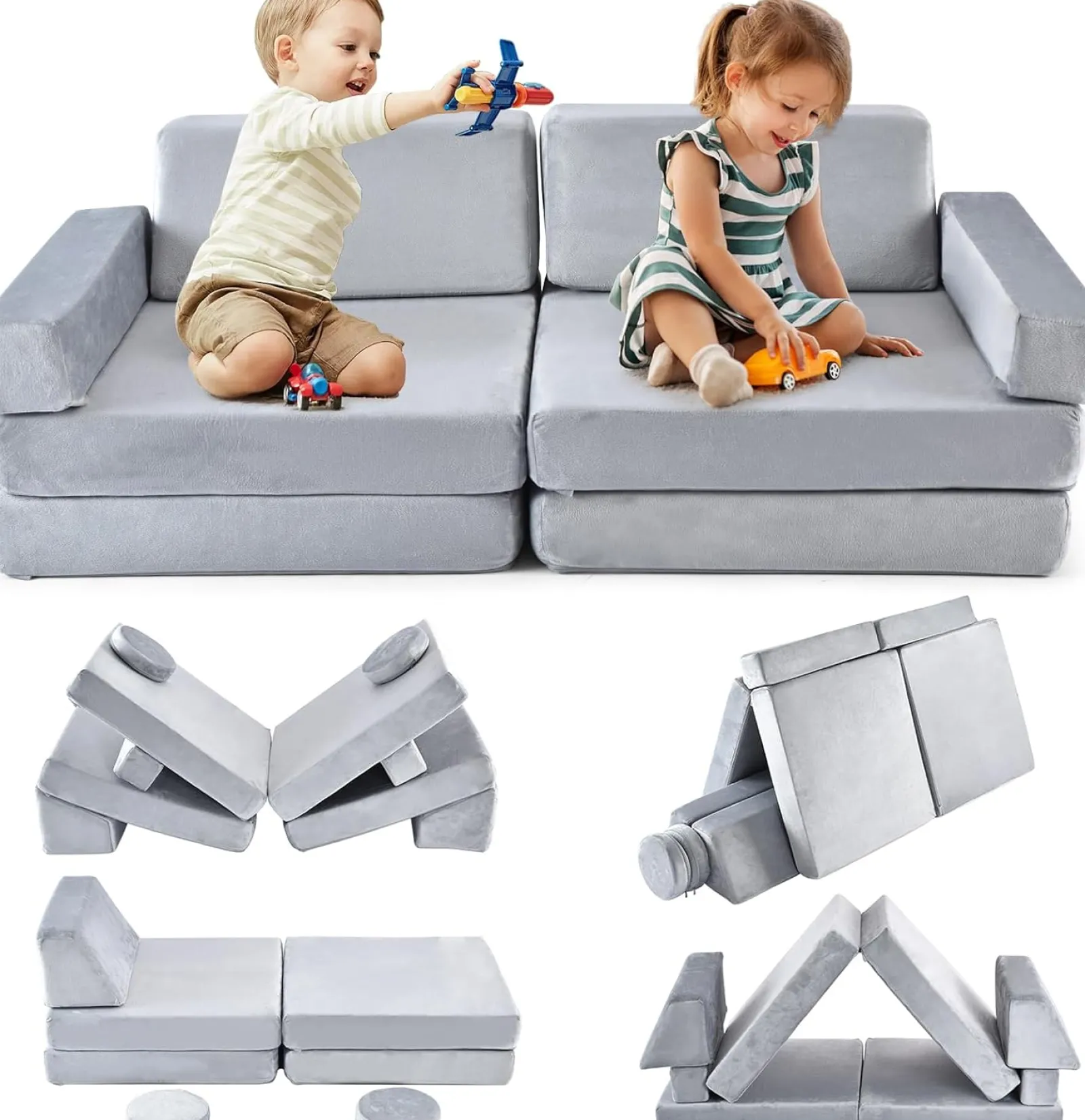 Little Helper Soft Play Sets & Crawl & Climb | Soft Play Sets & Crawl And Climb Equipment | 10 Piece Montessori Modular Soft Play Set | Foam Building Blocks | Sofa Couch | Light Grey | 12m+