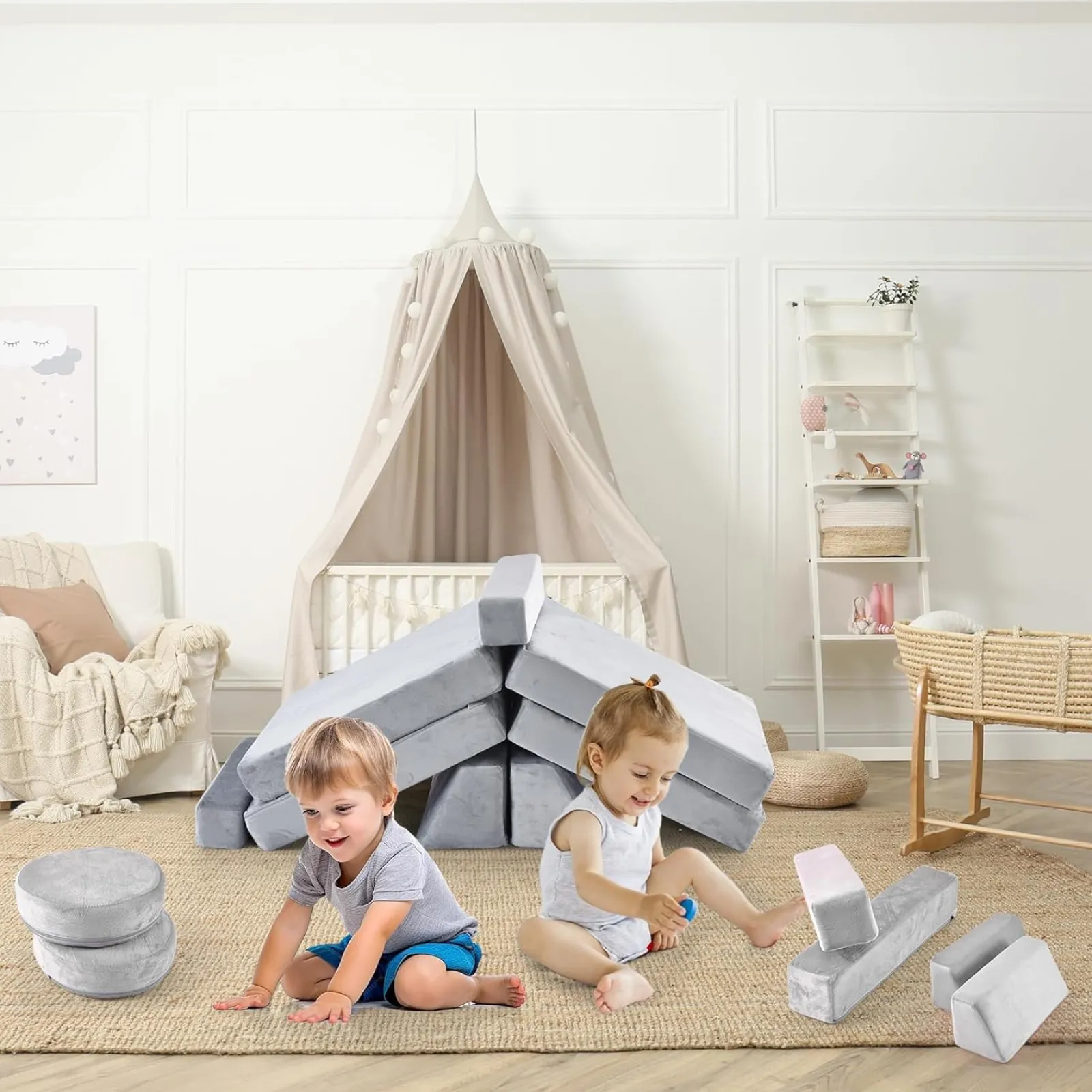 Little Helper Soft Play Sets & Crawl & Climb | Soft Play Sets & Crawl And Climb Equipment | 10 Piece Montessori Modular Soft Play Set | Foam Building Blocks | Sofa Couch | Light Grey | 12m+
