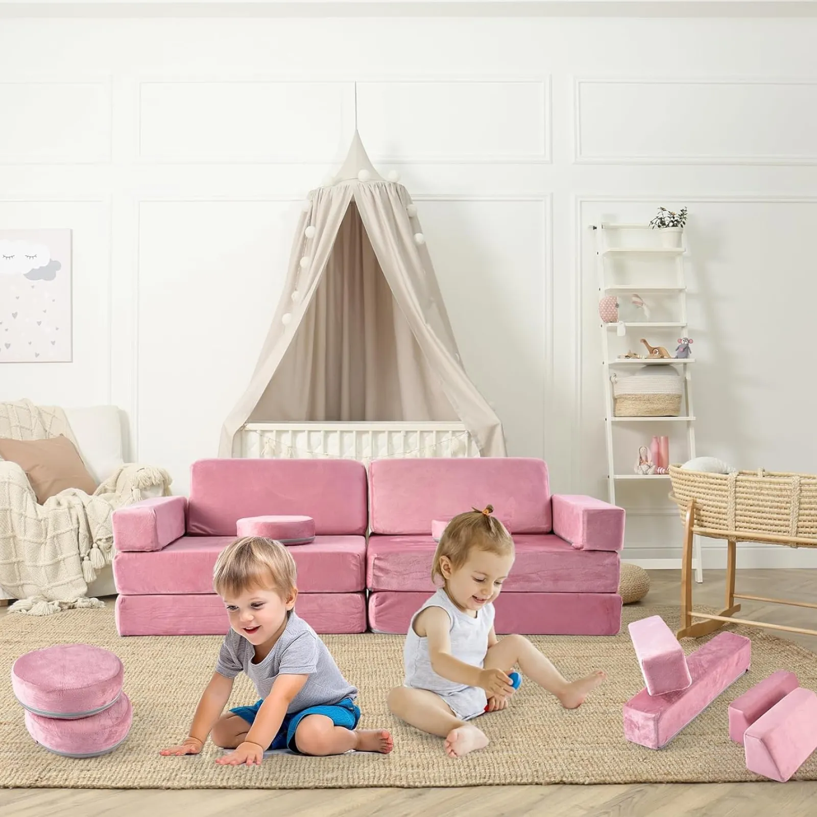 Little Helper Soft Play Sets & Crawl & Climb | Soft Play Sets & Crawl And Climb Equipment | 10 Piece Montessori Modular Soft Play Set | Foam Building Blocks | Sofa Couch | Pink | 12m+
