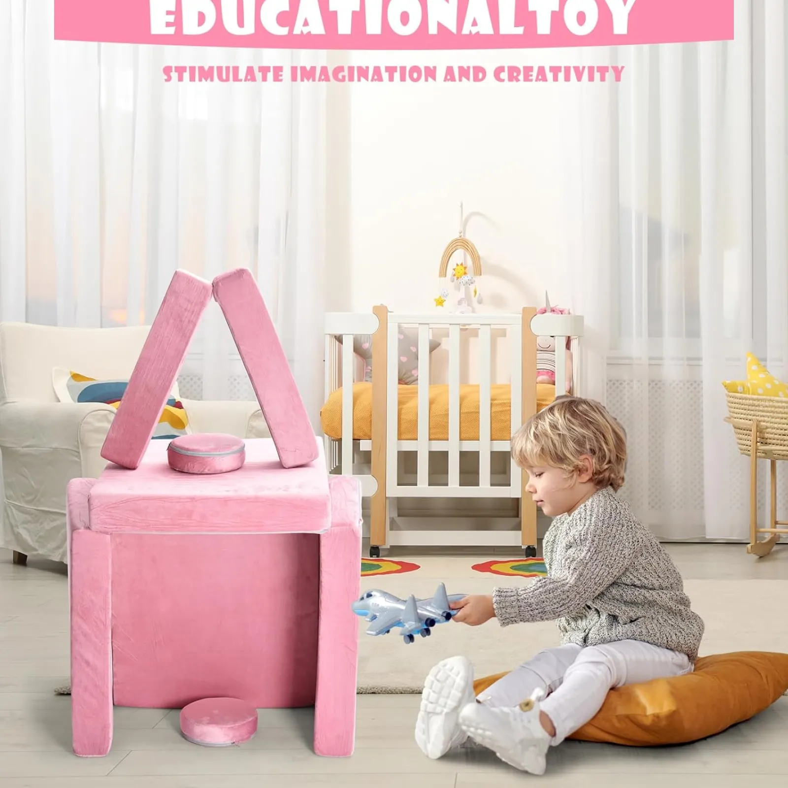 Little Helper Soft Play Sets & Crawl & Climb | Soft Play Sets & Crawl And Climb Equipment | 10 Piece Montessori Modular Soft Play Set | Foam Building Blocks | Sofa Couch | Pink | 12m+