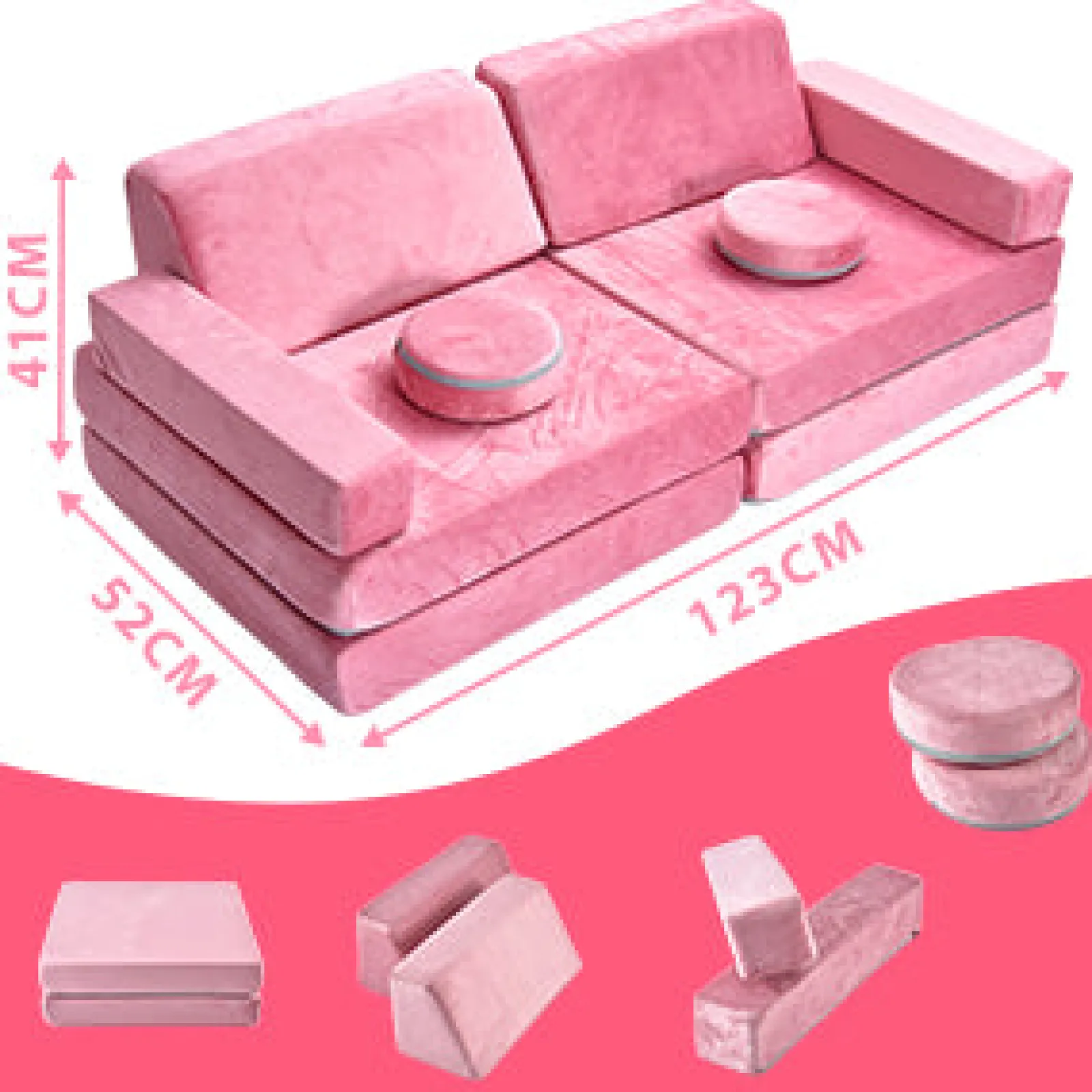 Little Helper Soft Play Sets & Crawl & Climb | Soft Play Sets & Crawl And Climb Equipment | 10 Piece Montessori Modular Soft Play Set | Foam Building Blocks | Sofa Couch | Pink | 12m+