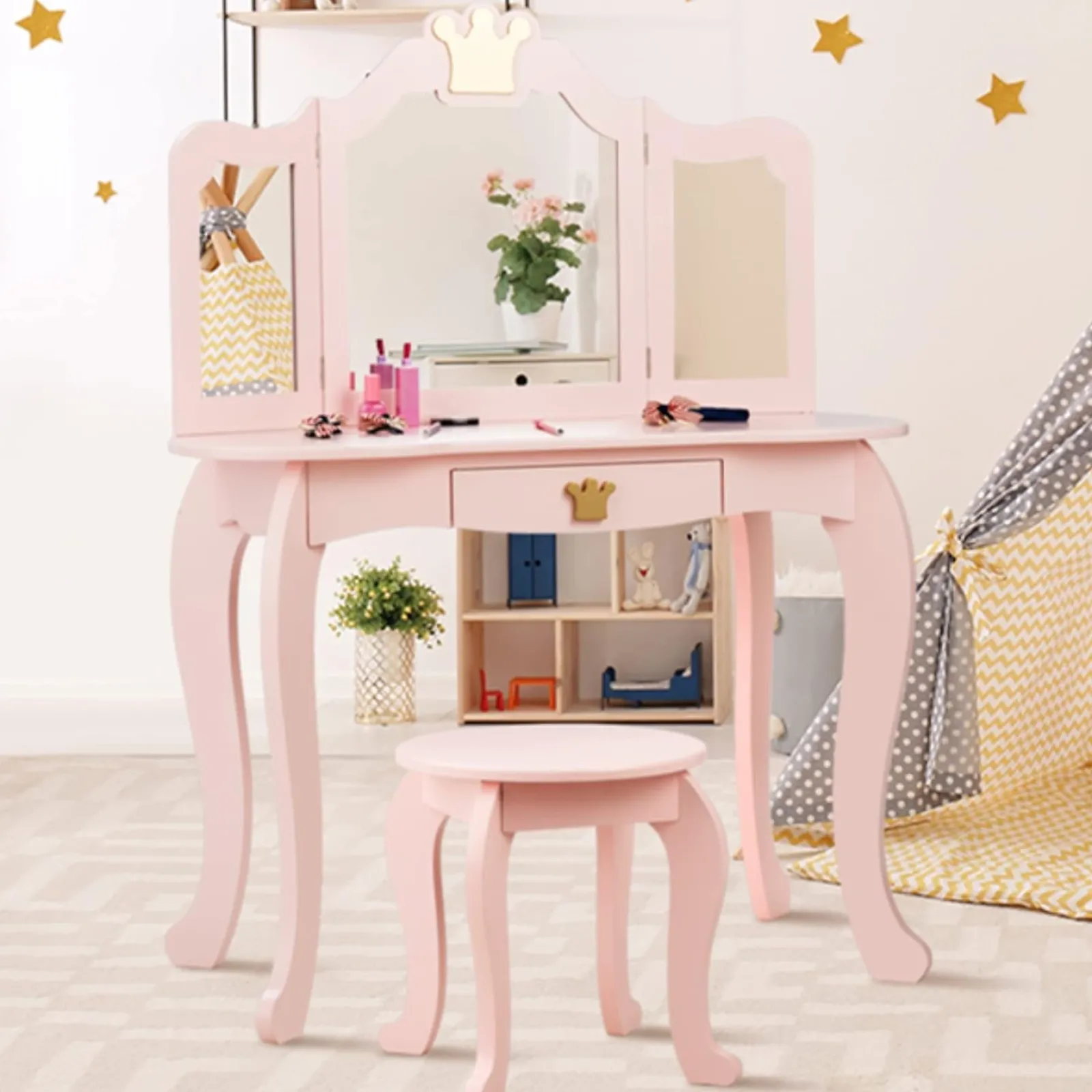 Little Helper Dressing Tables & Vanity Tables | Pink Dressing Table with Tri-Folding Removable Mirror and Stool | Vanity Unit with Drawer | 3-6 Years