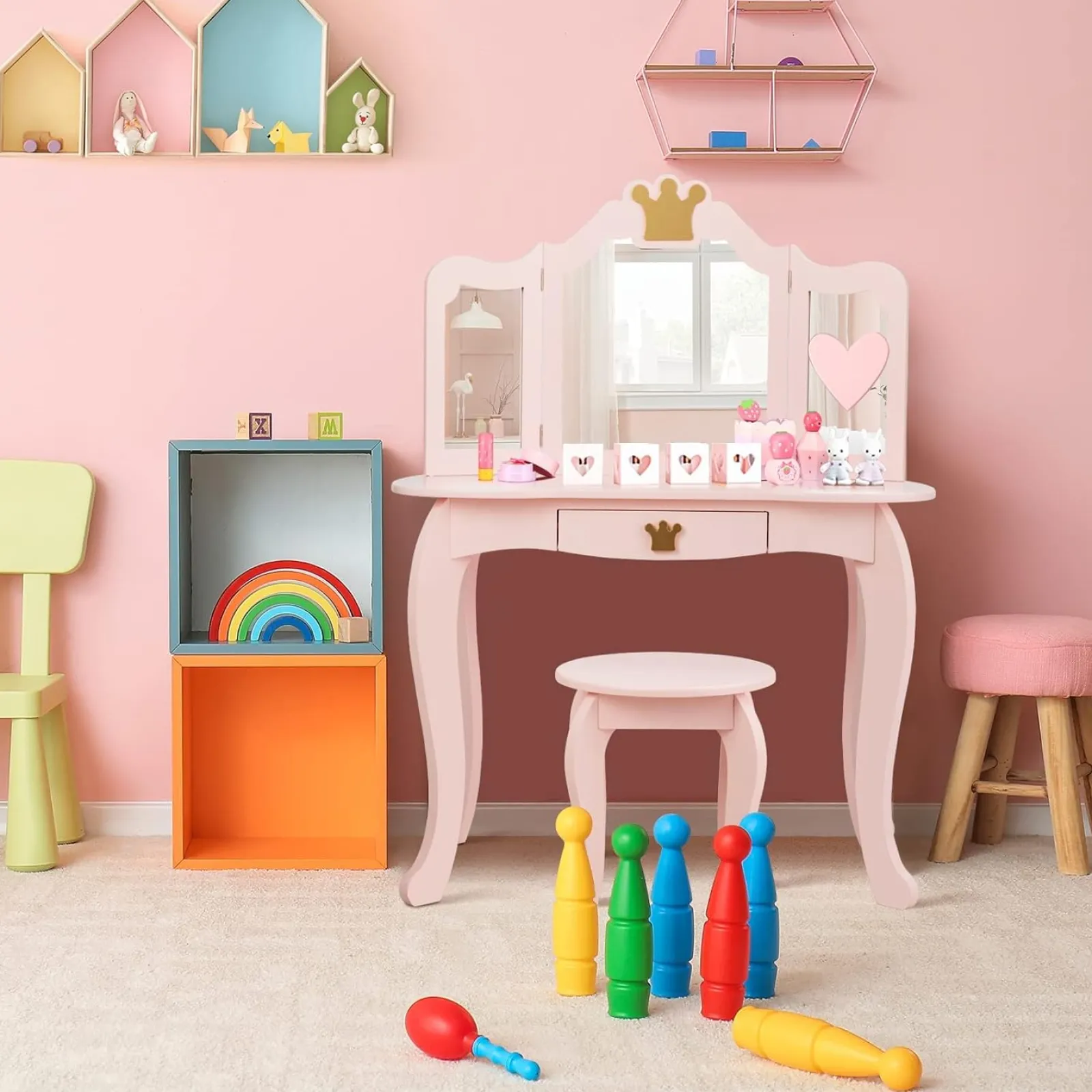 Little Helper Dressing Tables & Vanity Tables | Pink Dressing Table with Tri-Folding Removable Mirror and Stool | Vanity Unit with Drawer | 3-6 Years