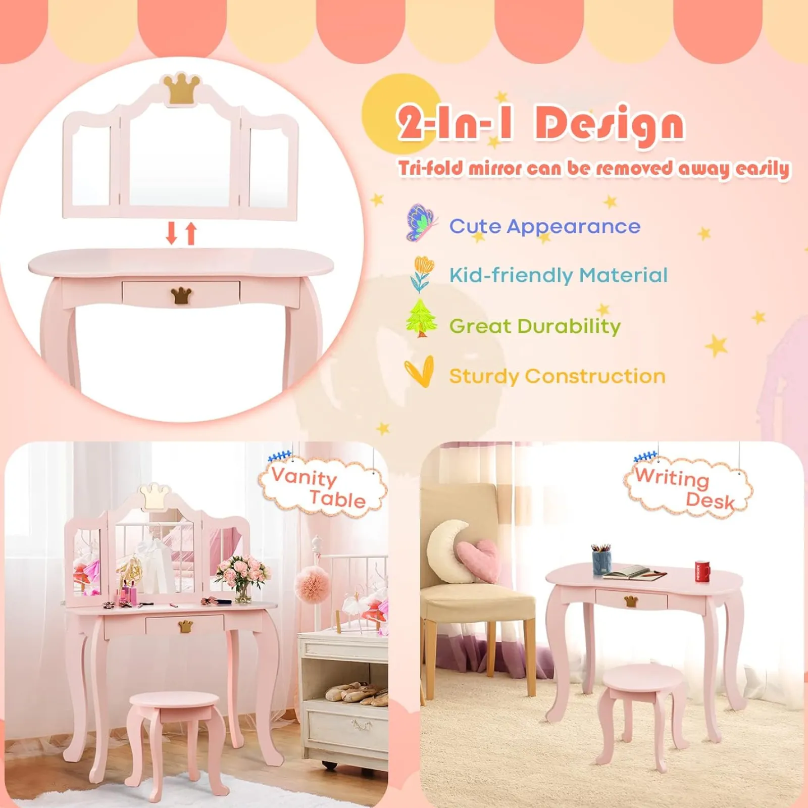 Little Helper Dressing Tables & Vanity Tables | Pink Dressing Table with Tri-Folding Removable Mirror and Stool | Vanity Unit with Drawer | 3-6 Years