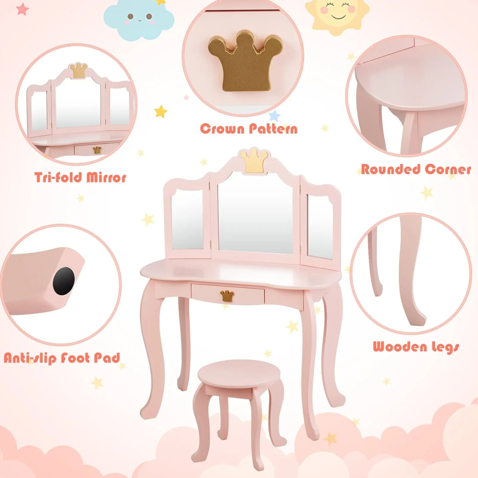 Little Helper Dressing Tables & Vanity Tables | Pink Dressing Table with Tri-Folding Removable Mirror and Stool | Vanity Unit with Drawer | 3-6 Years