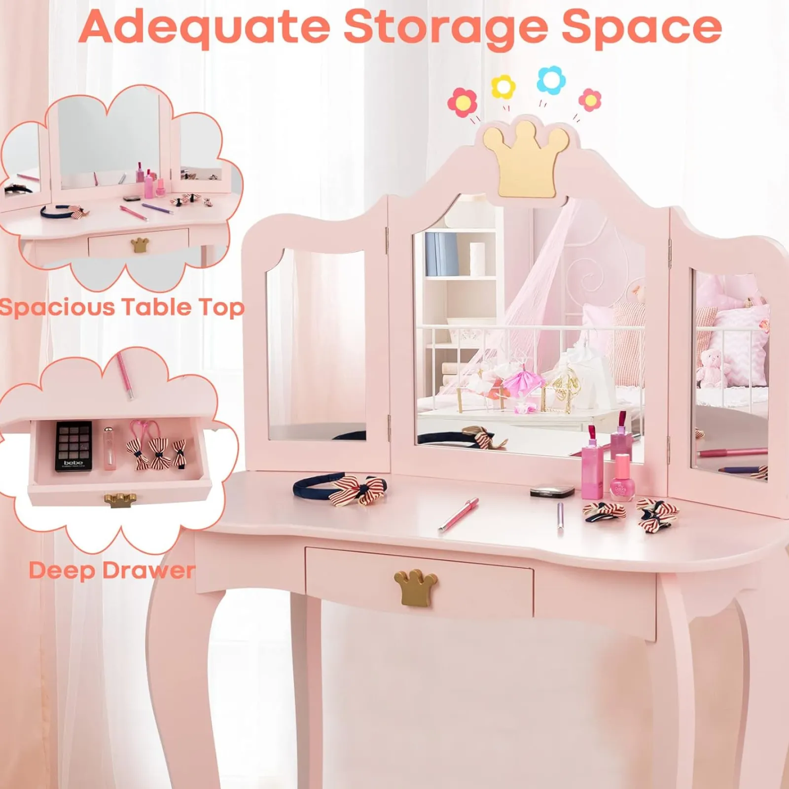 Little Helper Dressing Tables & Vanity Tables | Pink Dressing Table with Tri-Folding Removable Mirror and Stool | Vanity Unit with Drawer | 3-6 Years