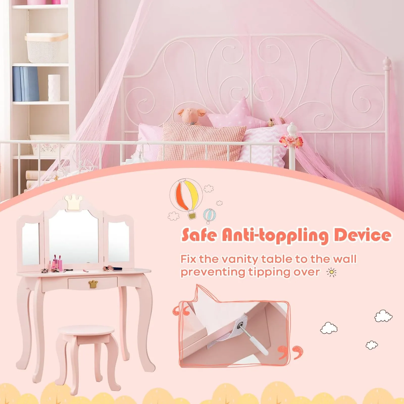 Little Helper Dressing Tables & Vanity Tables | Pink Dressing Table with Tri-Folding Removable Mirror and Stool | Vanity Unit with Drawer | 3-6 Years