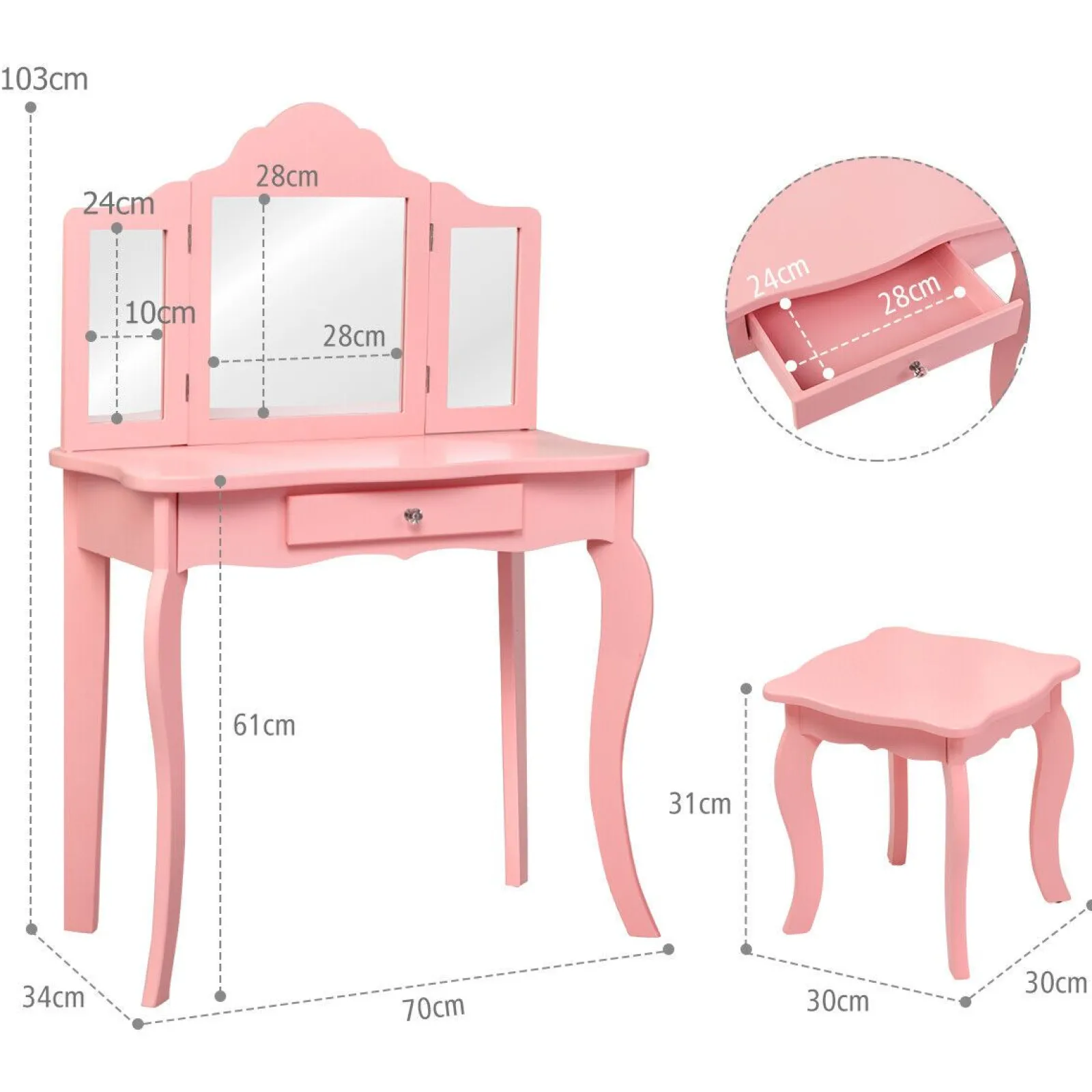 Little Helper Dressing Tables & Vanity Tables | Pink Vanity Unit with Tri-Folding Mirrors | Kids Dressing Table | Pink or White | 6 - 13 Years
