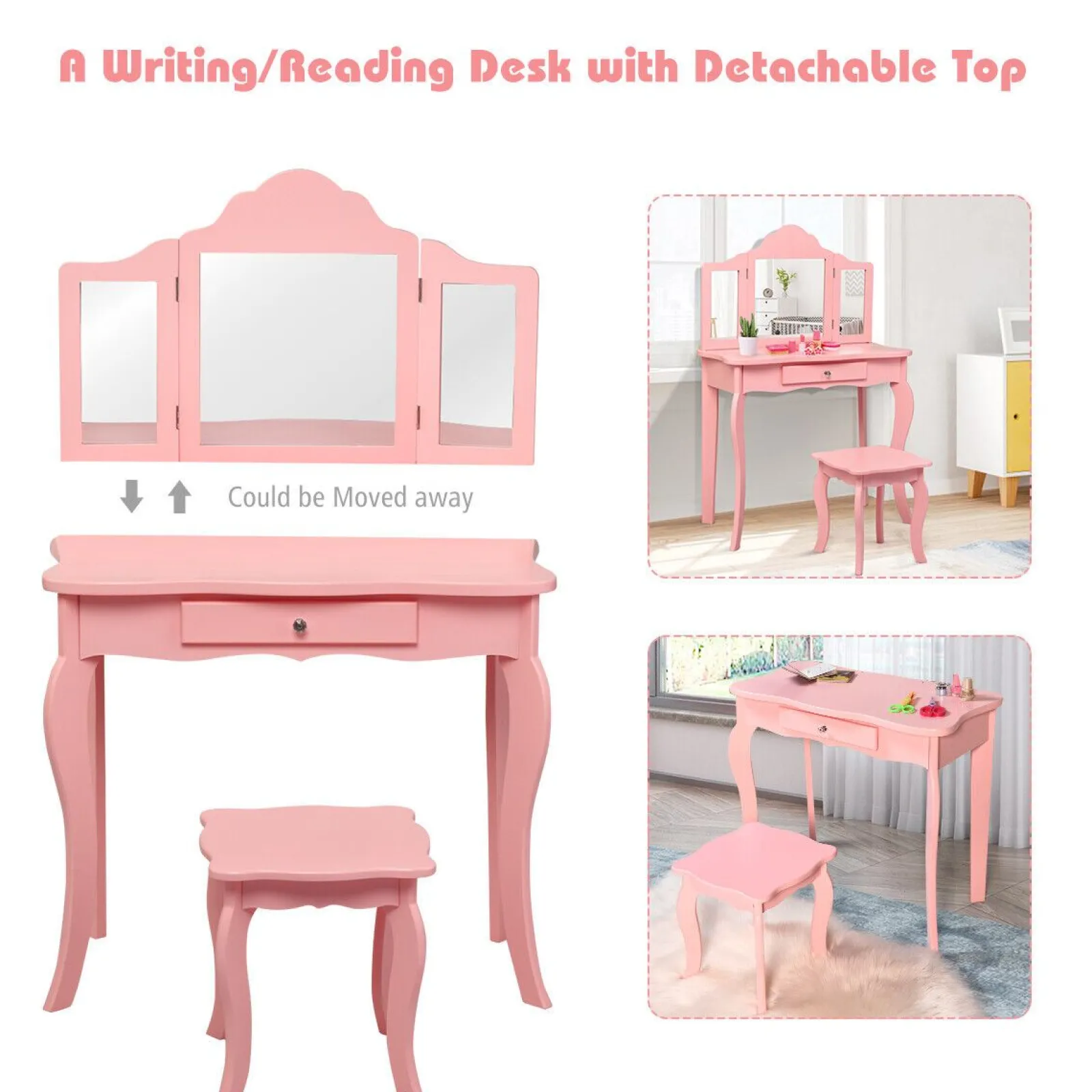 Little Helper Dressing Tables & Vanity Tables | Pink Vanity Unit with Tri-Folding Mirrors | Kids Dressing Table | Pink or White | 6 - 13 Years