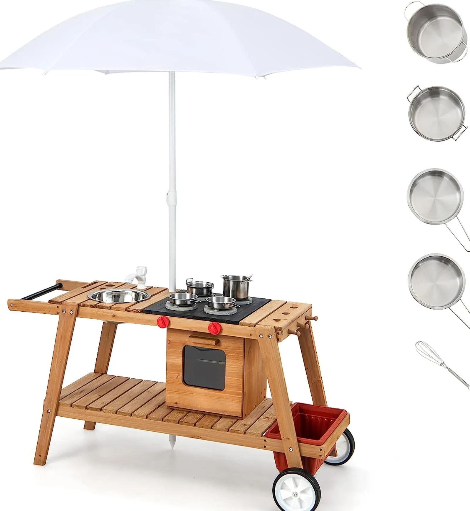 Little Helper Sand & Water Table & Sandpits & Mud Kitchens | Toy Kitchens | Portable | Eco Friendly Montessori Natural Fir Wooden Kids Mud Kitchen with Umbrella | Wooden Toy Kitchen | 3 Years+