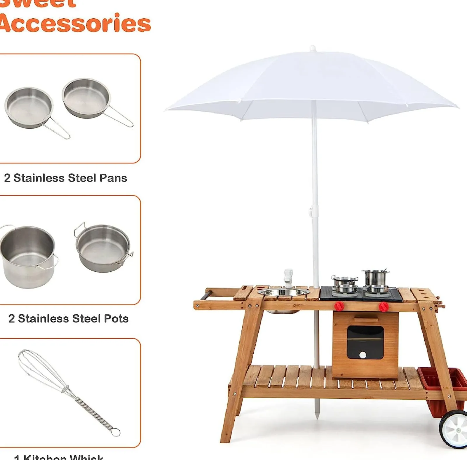 Little Helper Sand & Water Table & Sandpits & Mud Kitchens | Toy Kitchens | Portable | Eco Friendly Montessori Natural Fir Wooden Kids Mud Kitchen with Umbrella | Wooden Toy Kitchen | 3 Years+