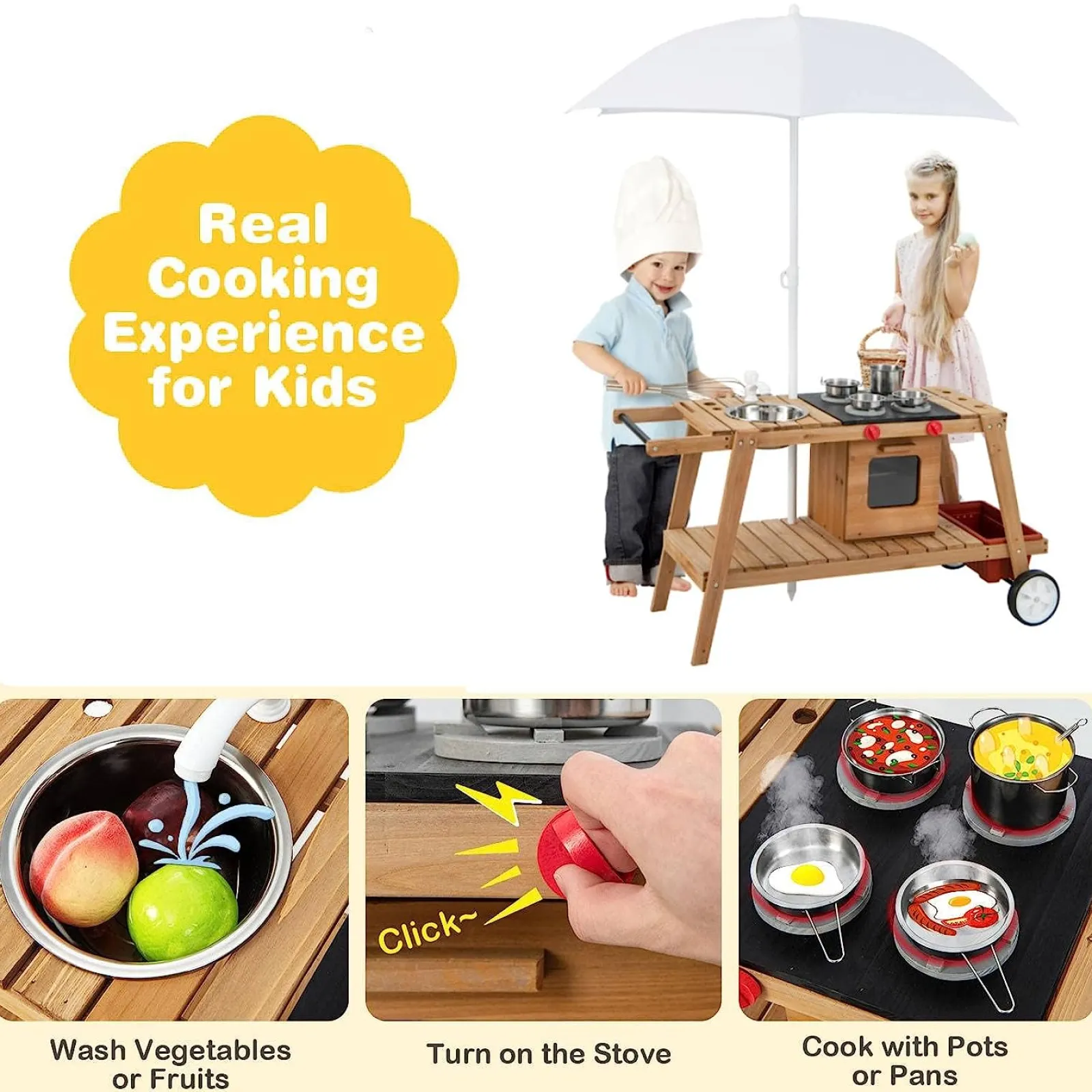 Little Helper Sand & Water Table & Sandpits & Mud Kitchens | Toy Kitchens | Portable | Eco Friendly Montessori Natural Fir Wooden Kids Mud Kitchen with Umbrella | Wooden Toy Kitchen | 3 Years+