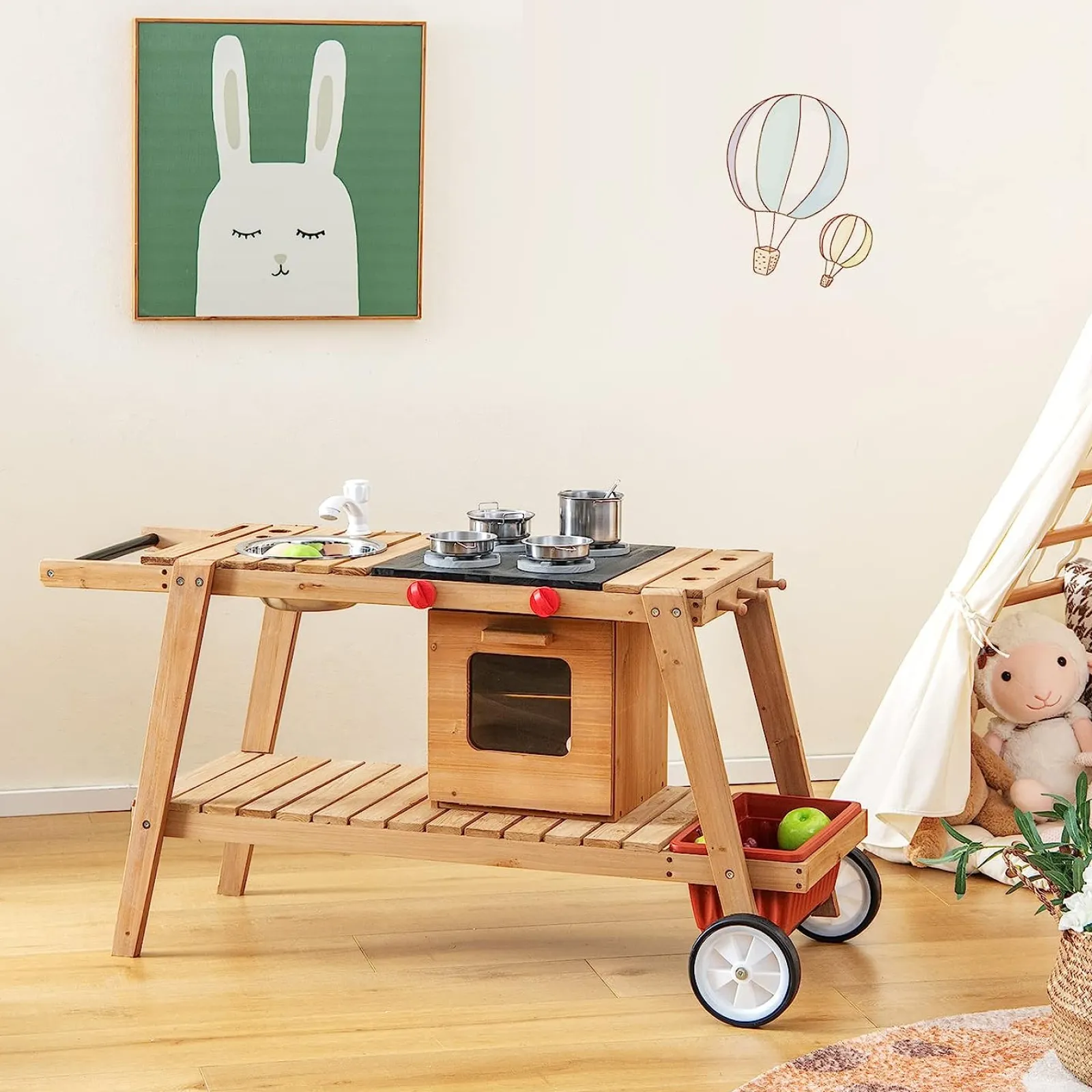 Little Helper Sand & Water Table & Sandpits & Mud Kitchens | Toy Kitchens | Portable | Eco Friendly Montessori Natural Fir Wooden Kids Mud Kitchen with Umbrella | Wooden Toy Kitchen | 3 Years+