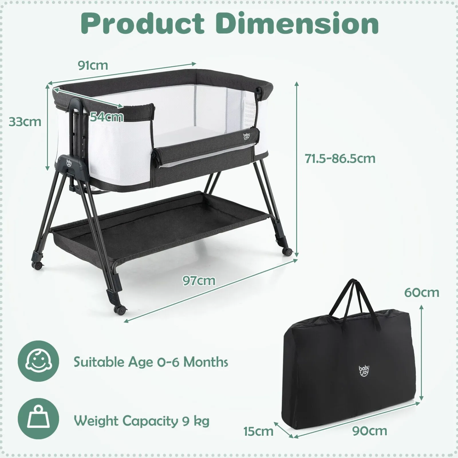 Little Helper Cots | Cribs | Portable Next-to-Me Baby Crib | Linen | 7 Adjustable Heights | Storage Shelf | Wheels | Carry Bag