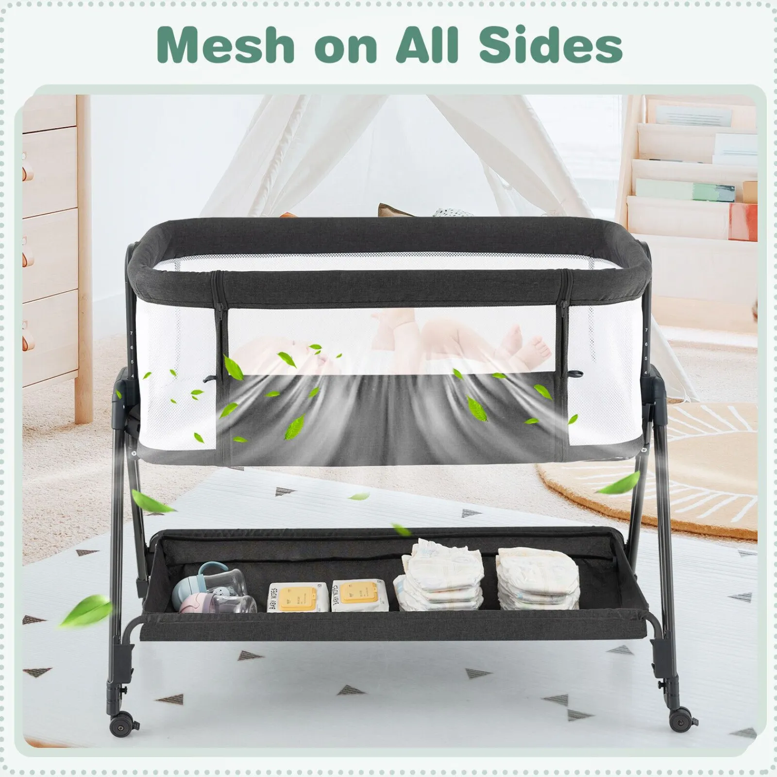 Little Helper Cots | Cribs | Portable Next-to-Me Baby Crib | Linen | 7 Adjustable Heights | Storage Shelf | Wheels | Carry Bag