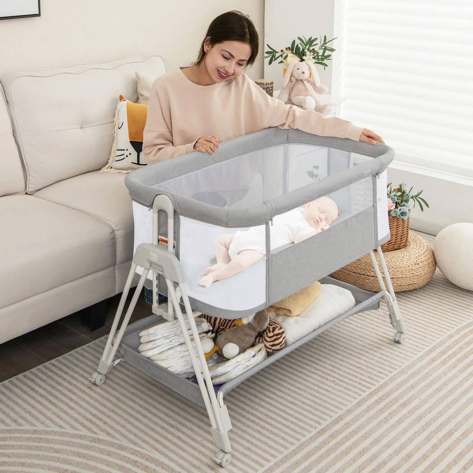 Little Helper Cots | Cribs | Portable Next-to-Me Baby Crib | Linen | 7 Adjustable Heights | Storage Shelf | Wheels | Carry Bag