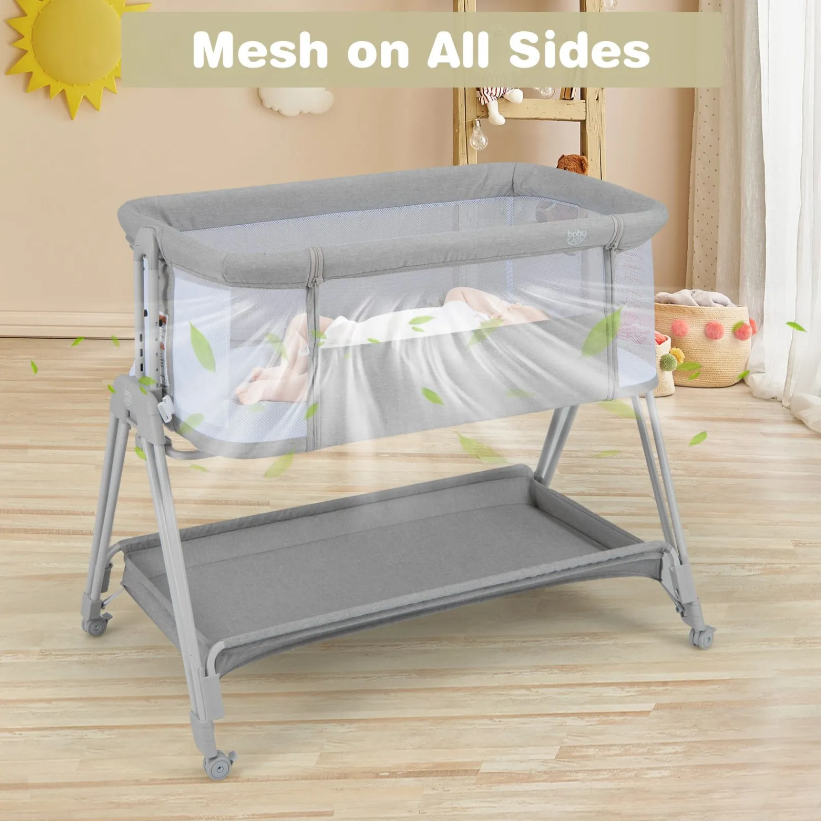 Little Helper Cots | Cribs | Portable Next-to-Me Baby Crib | Linen | 7 Adjustable Heights | Storage Shelf | Wheels | Carry Bag