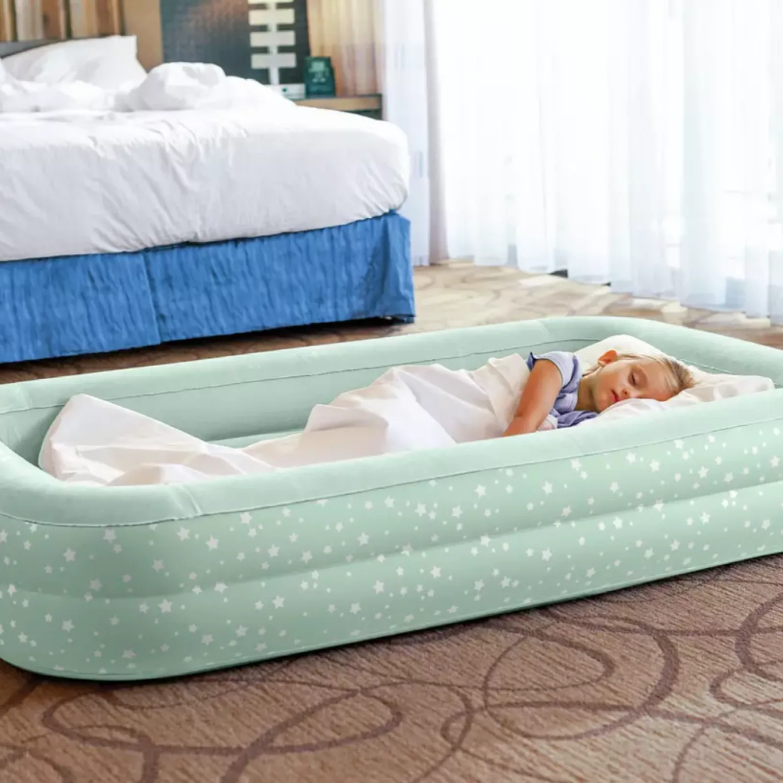 Little Helper Travel Cots & Travel Beds | Travel Cots | Quick Assemble Inflatable Portable Kids Travel Bed | Thick Mattress, Carry Bag & Air Pump | Mint | 3-8 Years
