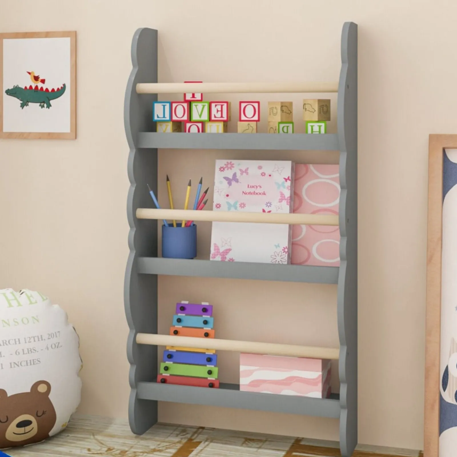 Little Helper Bookcases & Kids Bookshelves | Kids Bookcases & Kids Bookshelves | Scandi-Design 3 Tier Wall Mounted Montessori Bookcase | Grey