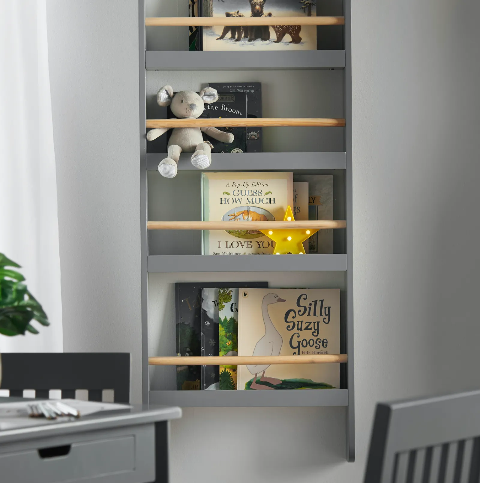 Little Helper Montessori Toys & Products | Bookcases & Kids Bookshelves | Scandi-Design 4 Tier Wall Mounted Montessori Bookcase | Grey | 1.12m High