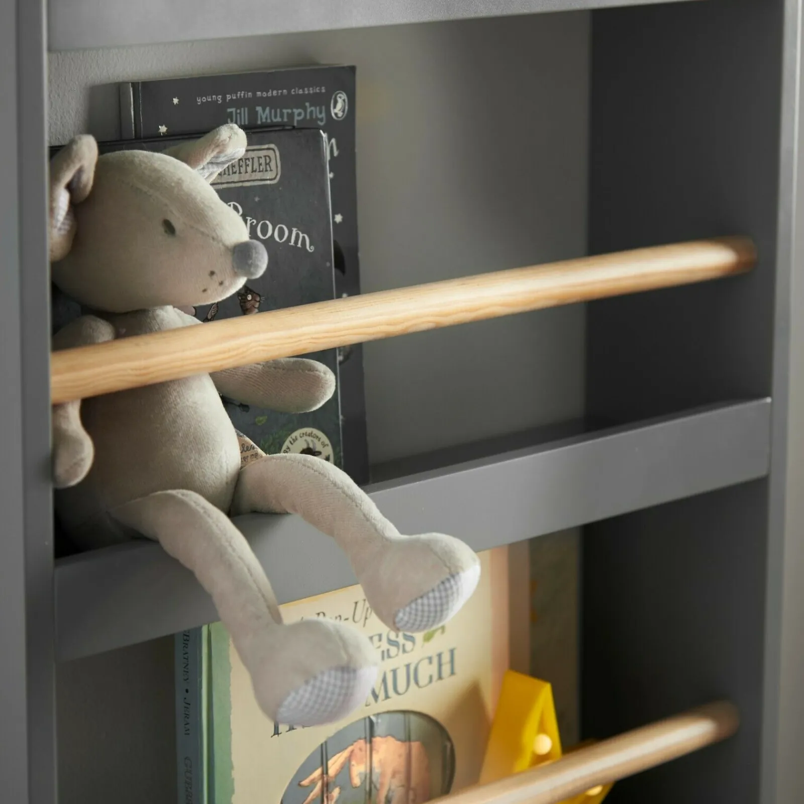 Little Helper Montessori Toys & Products | Bookcases & Kids Bookshelves | Scandi-Design 4 Tier Wall Mounted Montessori Bookcase | Grey | 1.12m High