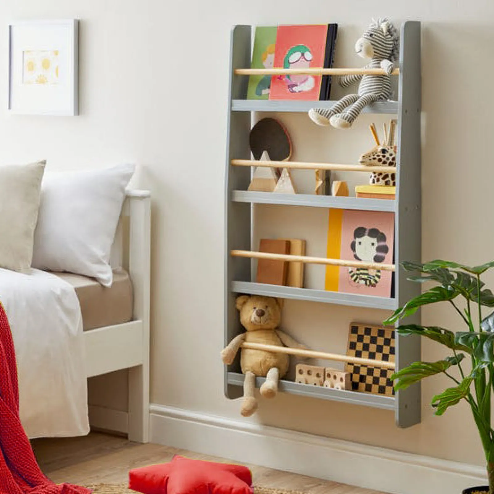 Little Helper Montessori Toys & Products | Bookcases & Kids Bookshelves | Scandi-Designed 4 Tier Wall Mounted Montessori Bookcase | Grey | 1.12m High