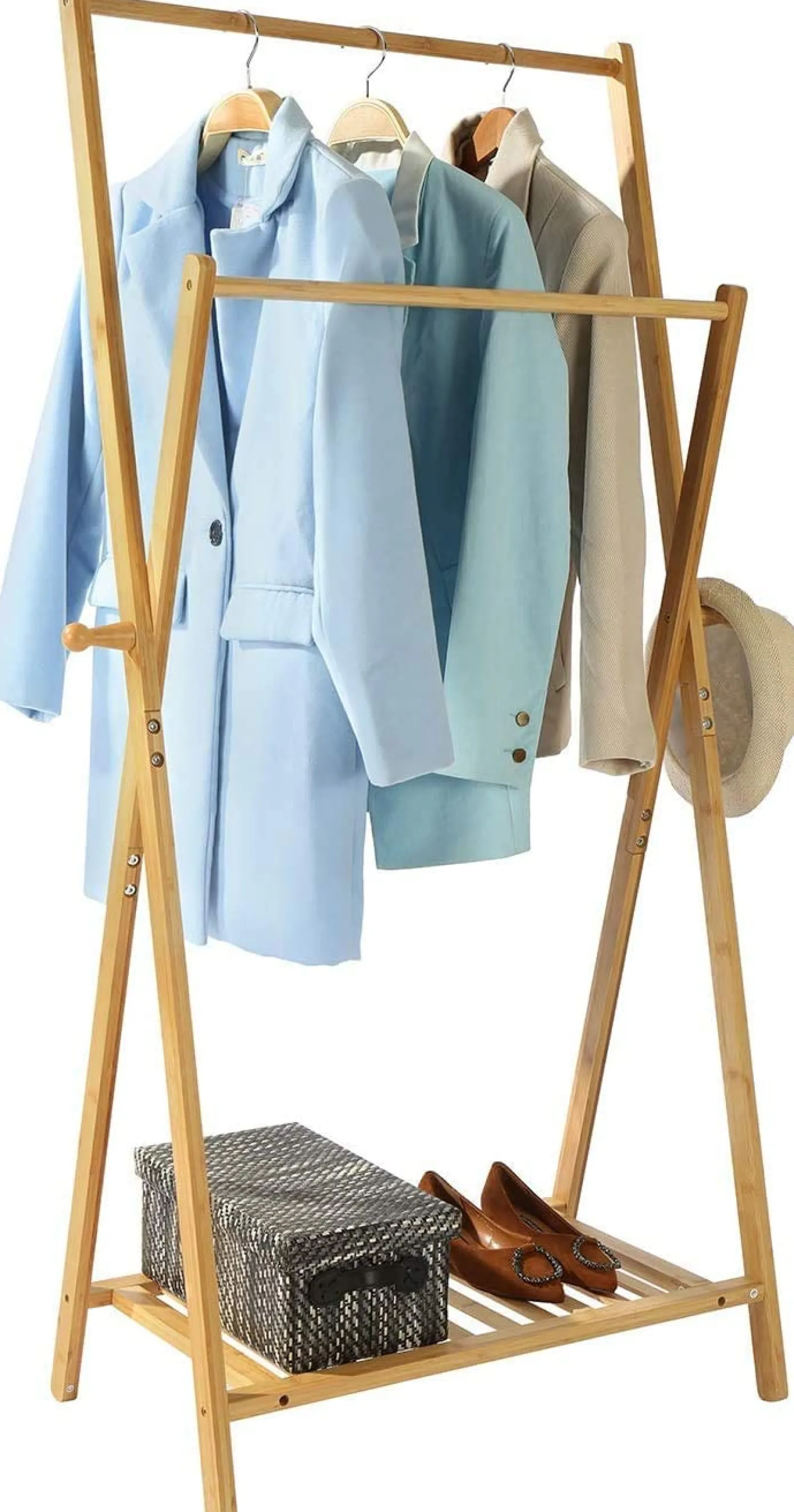 Little Helper Role Play Toys & Pretend Play | Clothes Rail & Dressing Up Rails | Scandinavian 100% Bamboo X-Frame Montessori Clothes Rack with with 2 Rails, Shelf & Side Hooks | 1.47m High