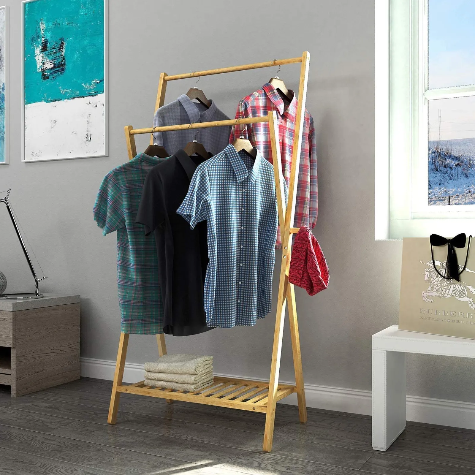 Little Helper Role Play Toys & Pretend Play | Clothes Rail & Dressing Up Rails | Scandinavian 100% Bamboo X-Frame Montessori Clothes Rack with with 2 Rails, Shelf & Side Hooks | 1.47m High