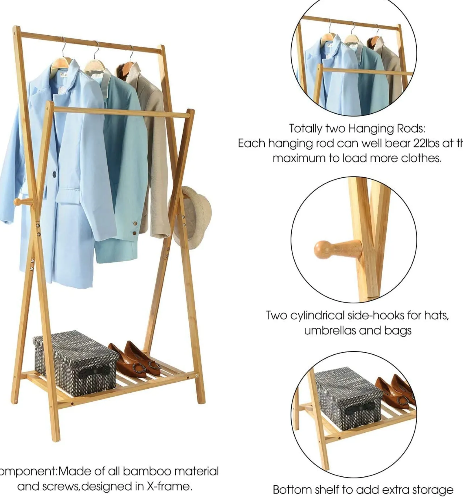 Little Helper Role Play Toys & Pretend Play | Clothes Rail & Dressing Up Rails | Scandinavian 100% Bamboo X-Frame Montessori Clothes Rack with with 2 Rails, Shelf & Side Hooks | 1.47m High