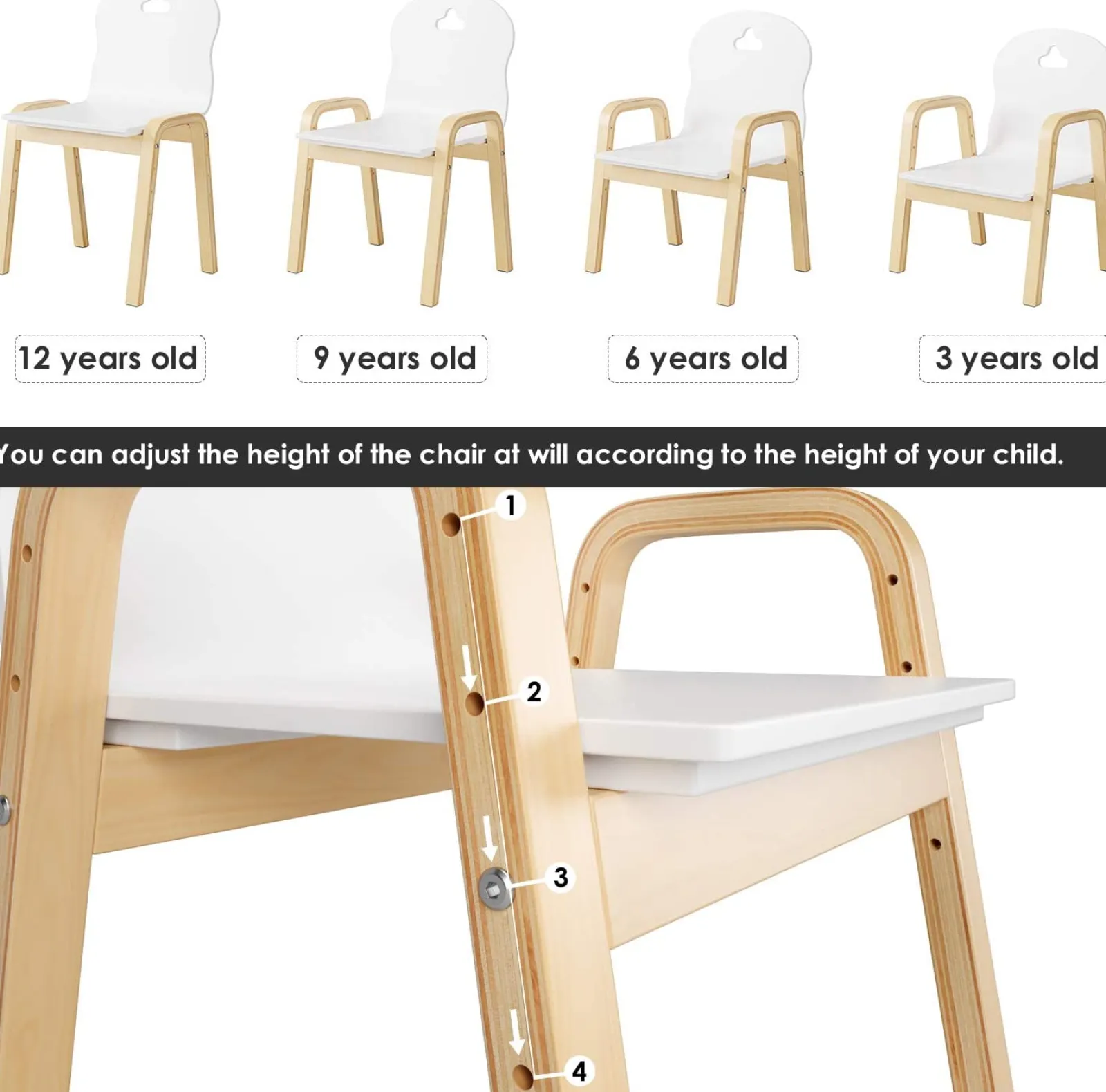 Little Helper Table & Chairs (wooden) | Chairs & Stools | Set of 2 White Height Adjustable Wood Modern Kids Chairs | Chairs for Children