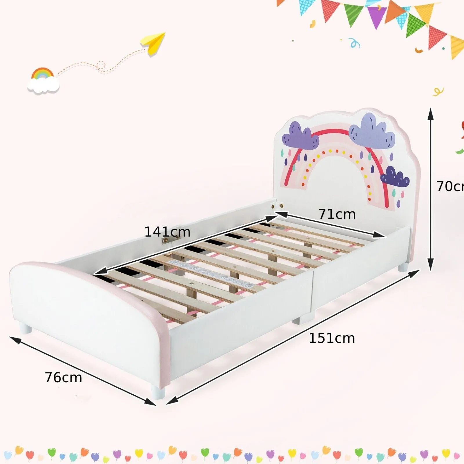 Little Helper Baby Bedding | Single Bed | Upholstered Sleeping Bed Frame | Soft Headboard Footboard | Rainbows
