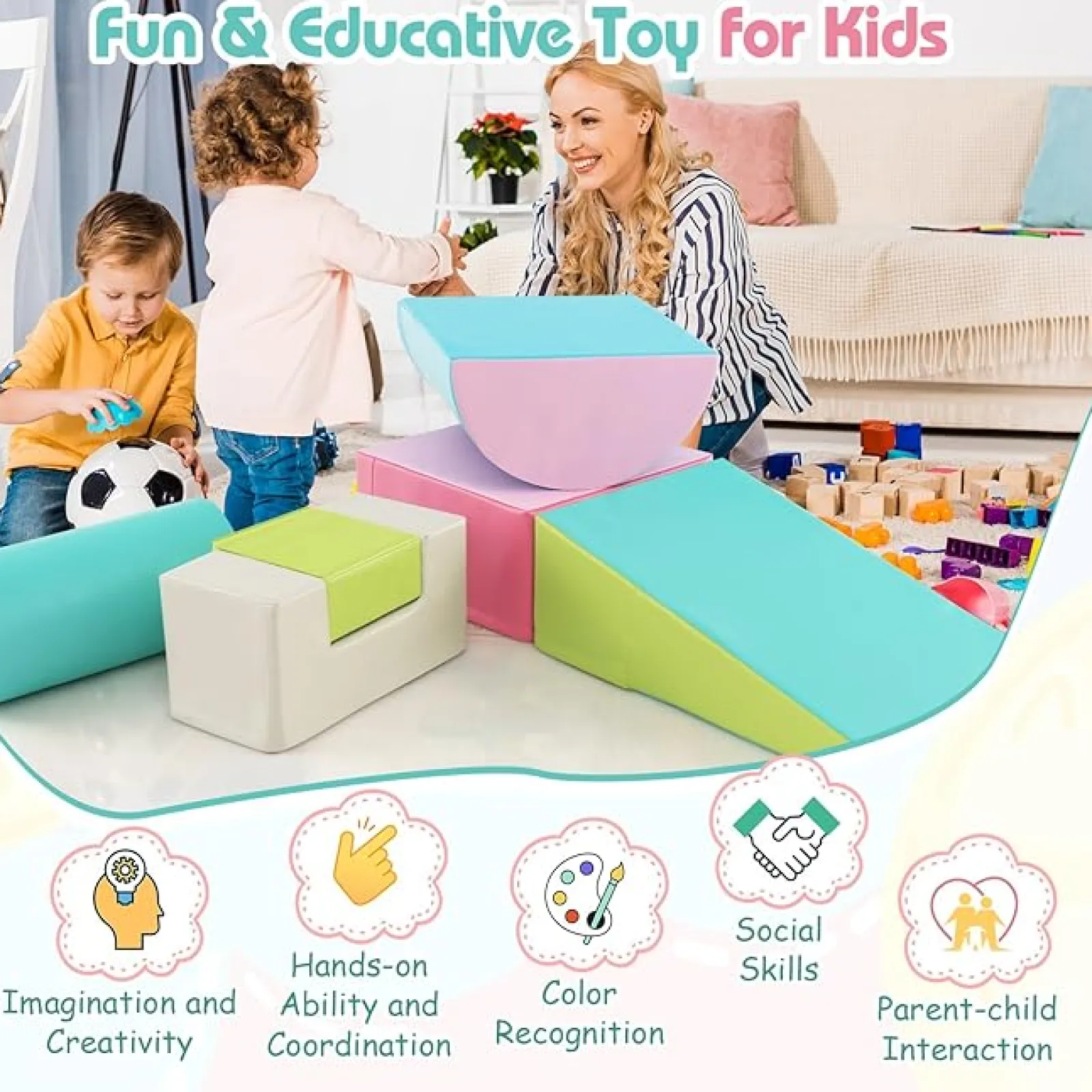 Little Helper Swing & Slide Sets & Garden Play & Trampolines | Kids Climbing Frames & Activity Toys | Soft Play Equipment | Pikler 6 Piece Foam Soft Play Set | Soft Play Slide & Bridge | Pastels Set | 1-3 years