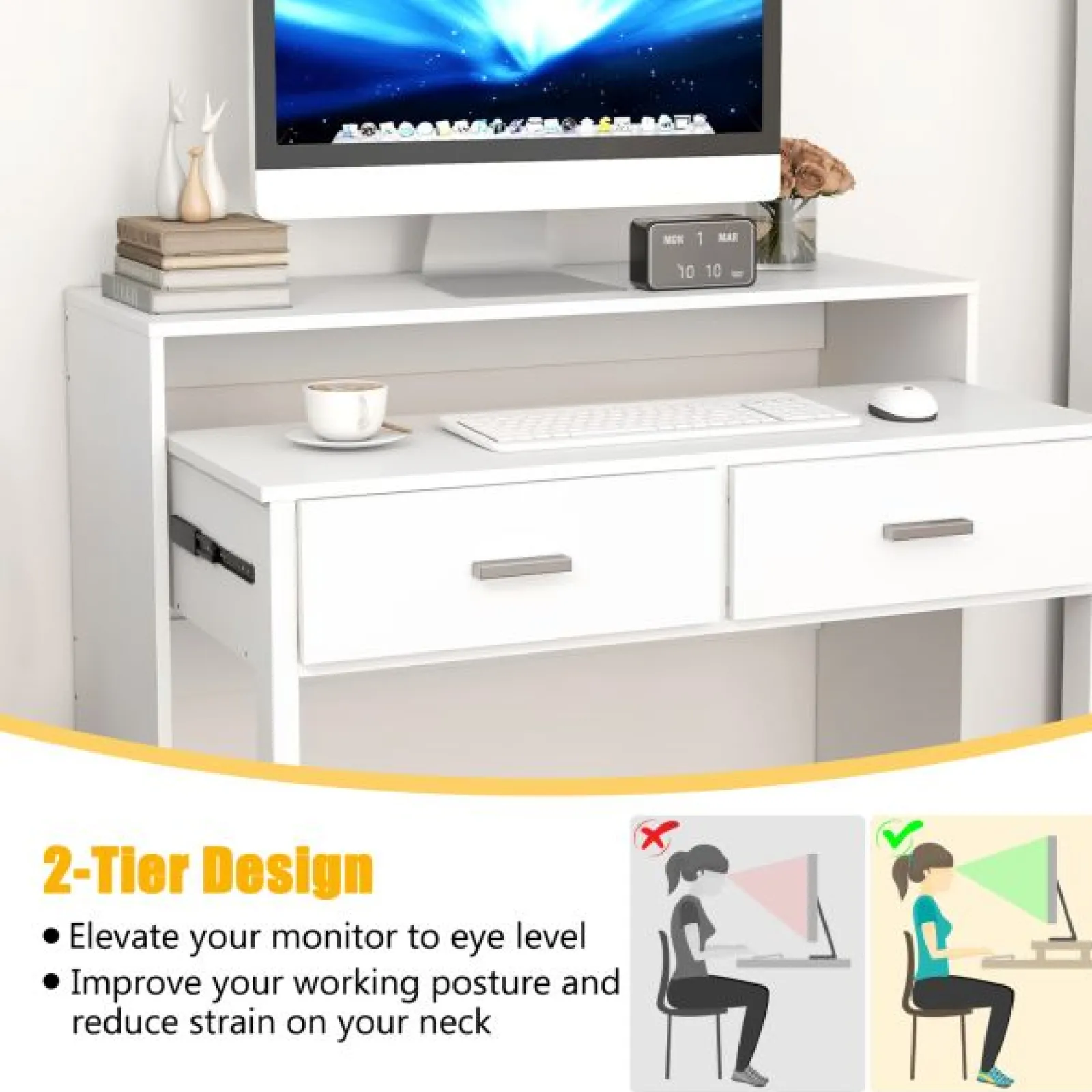Little Helper Table & Chairs (wooden) | Spine Supporting Space Saving Extending Homework Desk | 2 Tier | Storage | Older Children & Adults | White