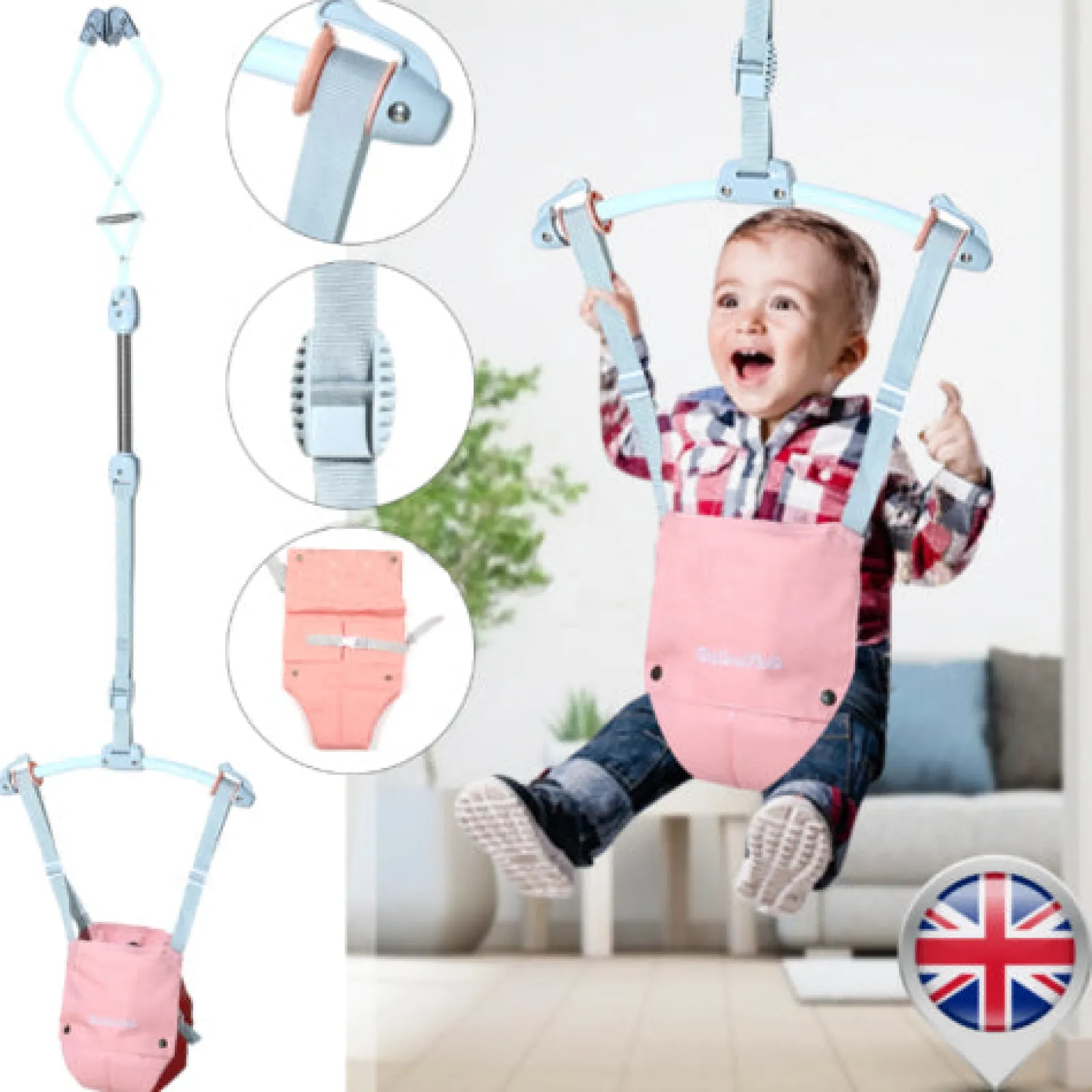 Little Helper Baby Doorway Bouncers | Baby Bouncers & Rockers | Spine-Supporting Secure Baby Door Bouncer Swing Seat | Blue or Pink | 6-12 months