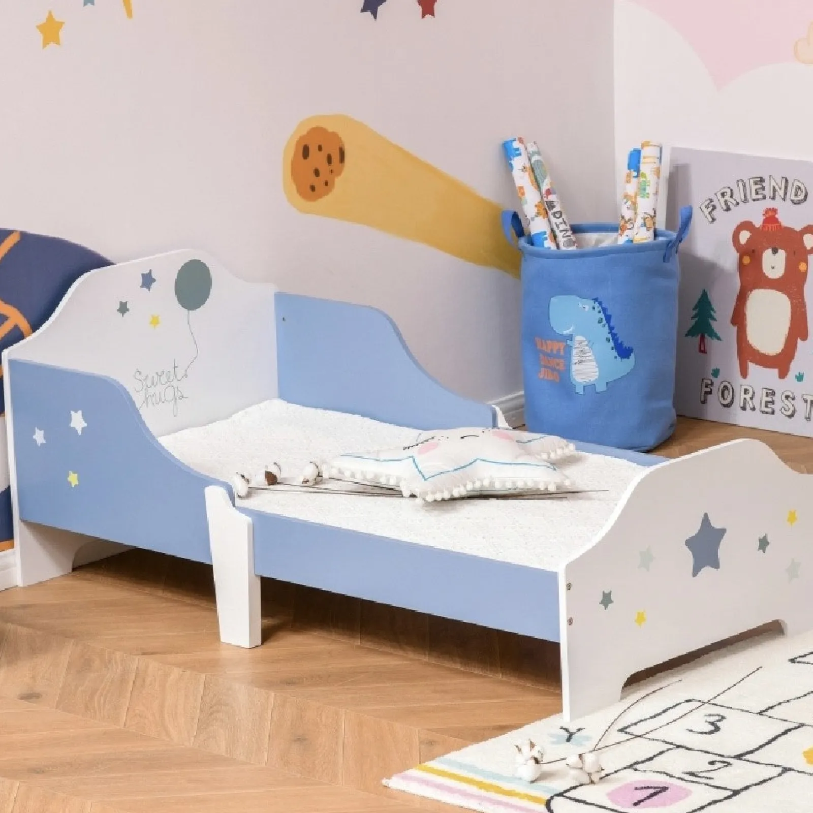 Little Helper Toddler Beds & Childrens Single Beds | Superstar “Sweet Hugs” Kids Single Bed with Side Rails | Blue & White | 1.43m Long x 73cm Wide | 3-6 Years
