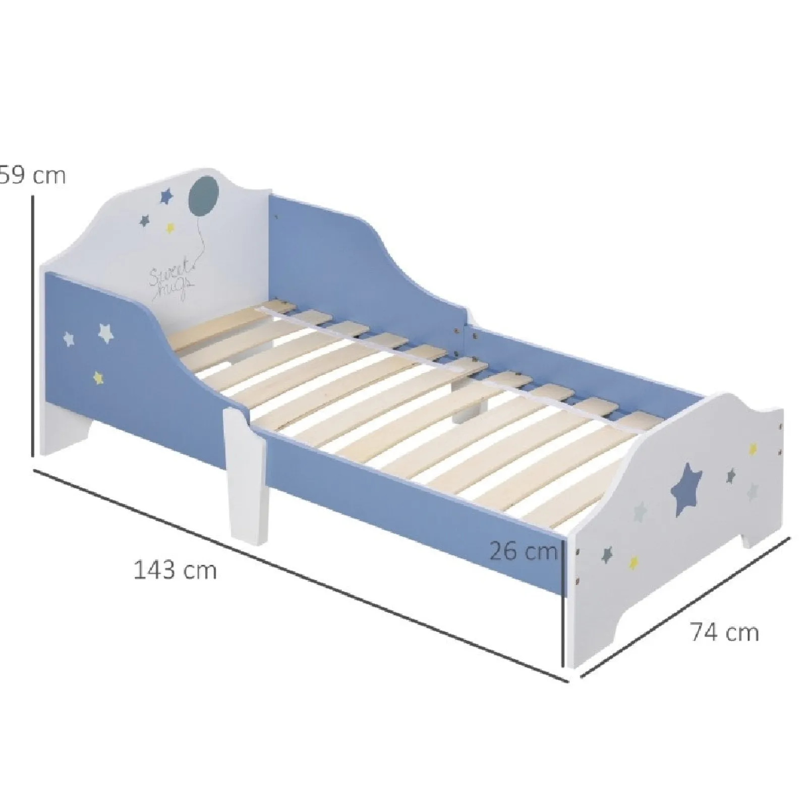 Little Helper Toddler Beds & Childrens Single Beds | Superstar “Sweet Hugs” Kids Single Bed with Side Rails | Blue & White | 1.43m Long x 73cm Wide | 3-6 Years