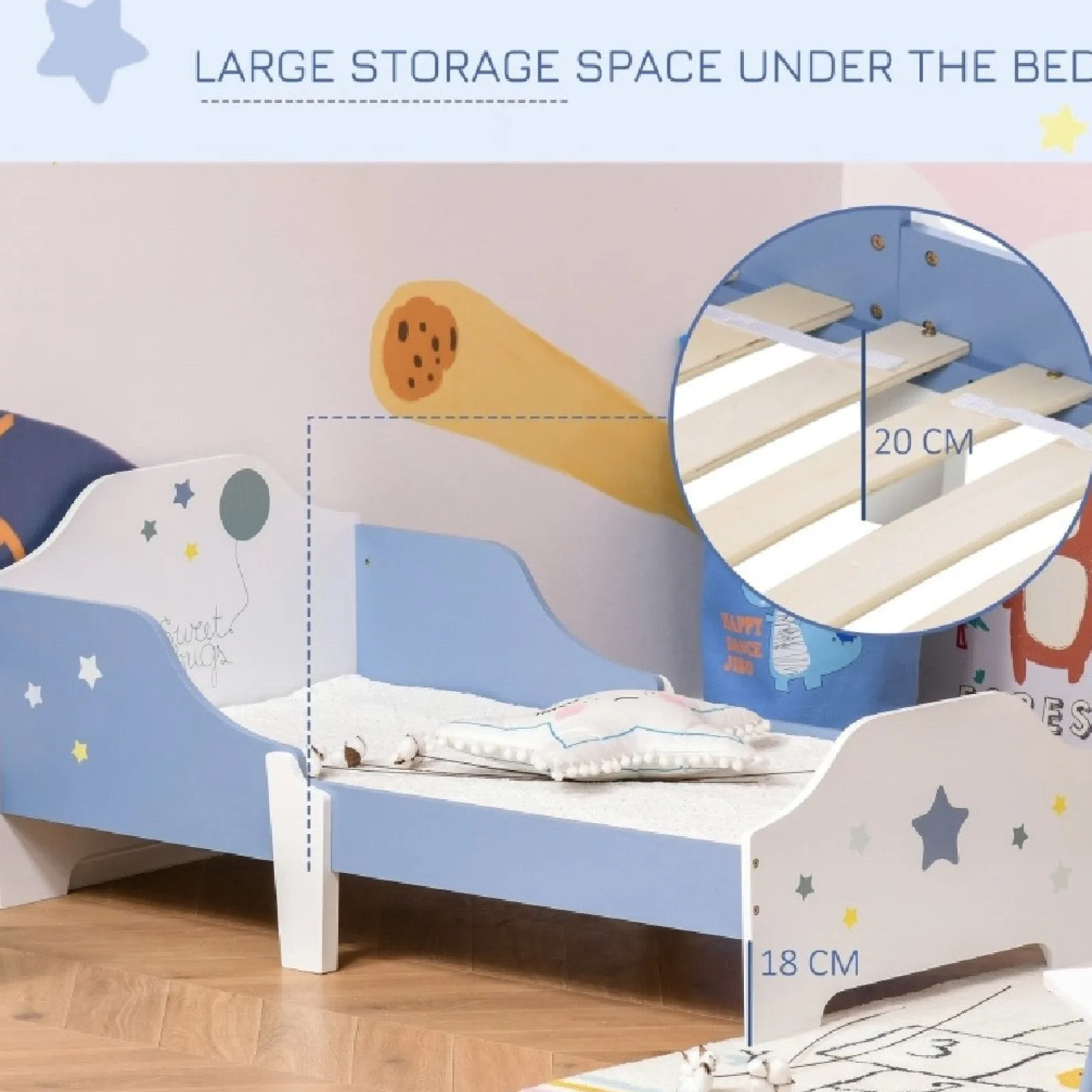 Little Helper Toddler Beds & Childrens Single Beds | Superstar “Sweet Hugs” Kids Single Bed with Side Rails | Blue & White | 1.43m Long x 73cm Wide | 3-6 Years