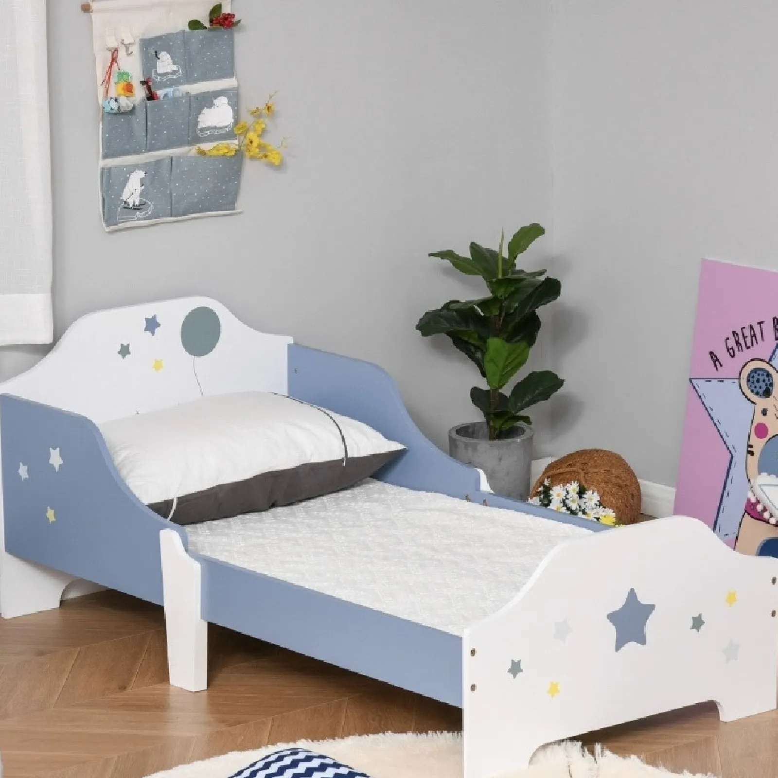 Little Helper Toddler Beds & Childrens Single Beds | Superstar “Sweet Hugs” Kids Single Bed with Side Rails | Blue & White | 1.43m Long x 73cm Wide | 3-6 Years
