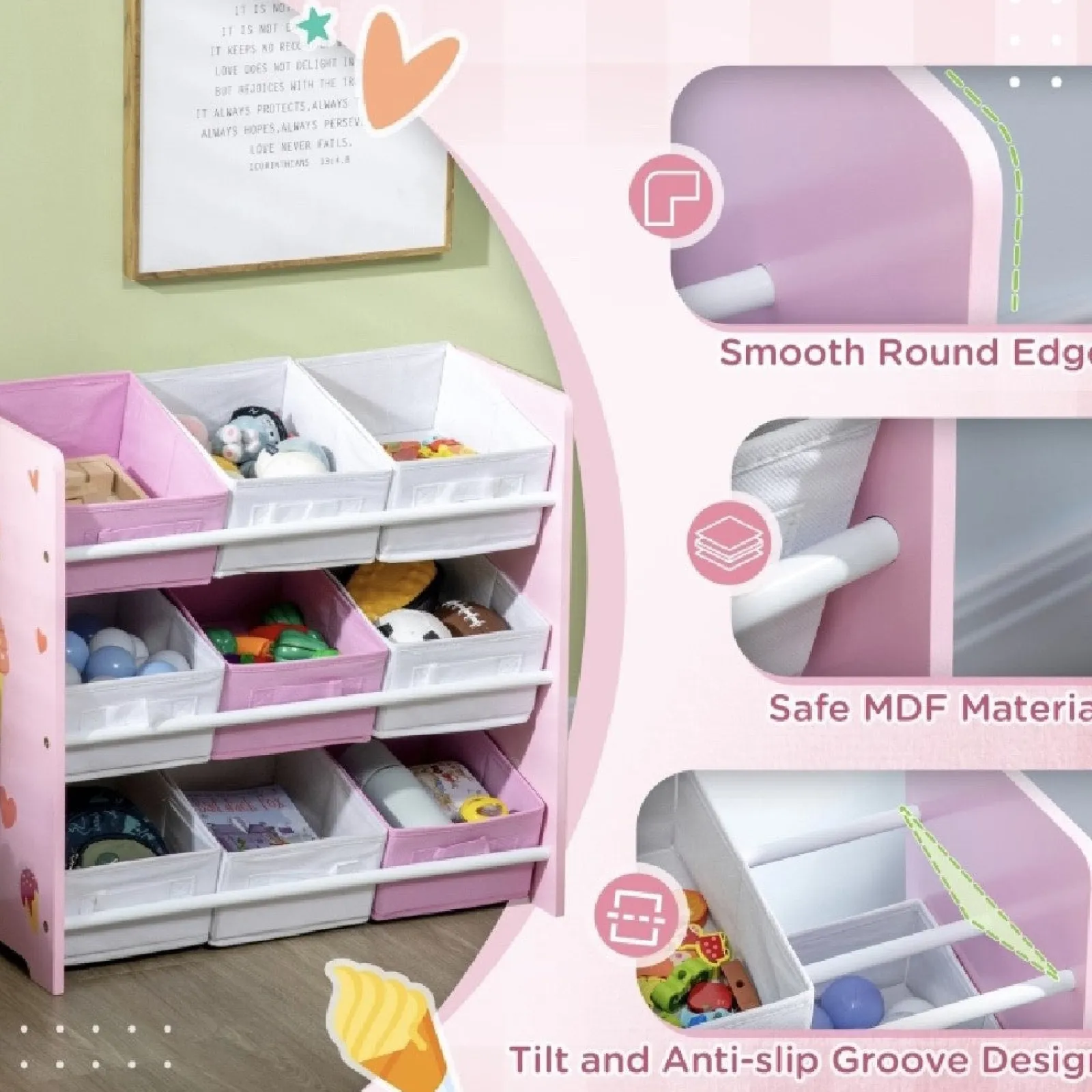 Little Helper Toy Storage Units | Toy Storage Units | Sweetheart Storage Unit with 9 Removable Storage Baskets | Toy Box Organiser with Shelf | Pink | 3 Years+