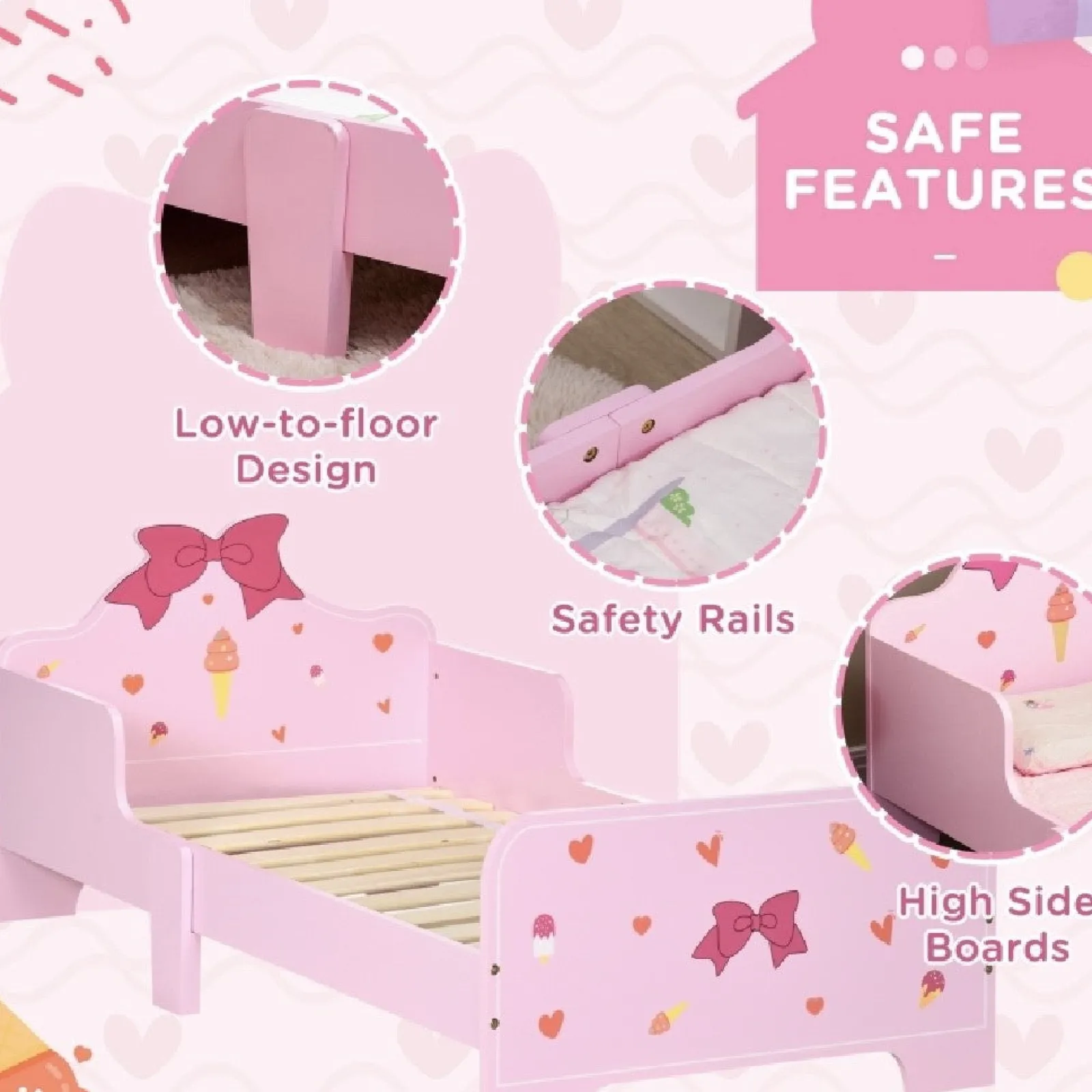 Little Helper Toddler Beds & Childrens Single Beds | Sweetheart Toddler Bed with Side Rails | Pink | 1.43 Long x 74cm wide | 3-6 Years