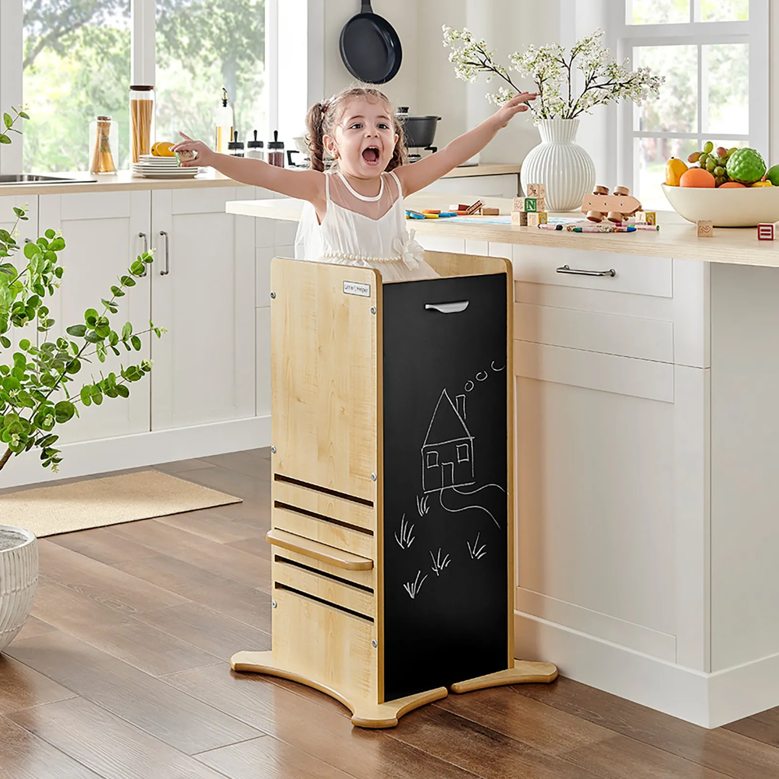 Little Helper Montessori Toys & Products | Funpod® Learning Towers | The Original 2-in-1 FunPod Toddler Tower | Learning Tower | Kitchen Helper Tower | Step Stool | Natural w/ Chalkboard Panels