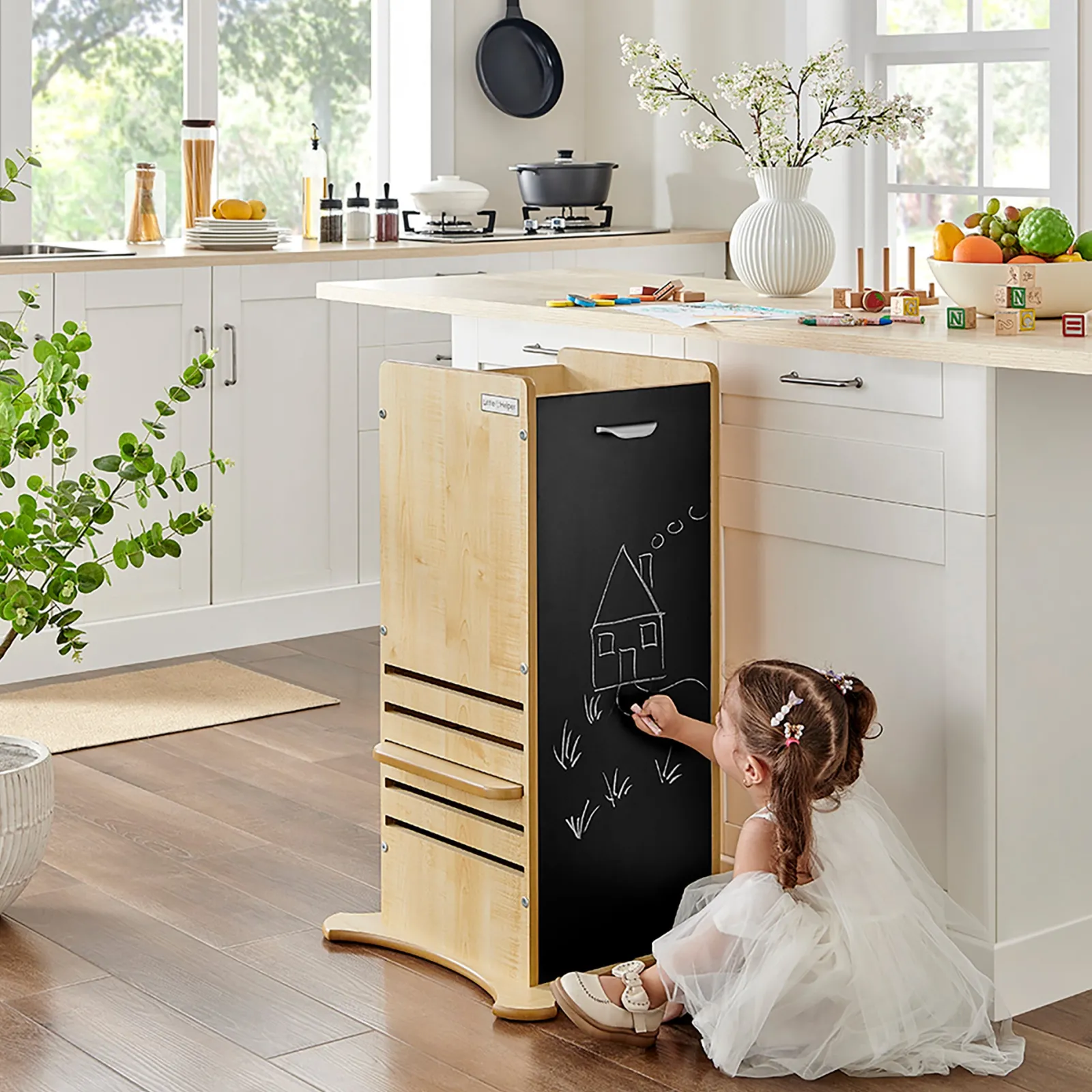 Little Helper Montessori Toys & Products | Funpod® Learning Towers | The Original 2-in-1 FunPod Toddler Tower | Learning Tower | Kitchen Helper Tower | Step Stool | Natural w/ Chalkboard Panels