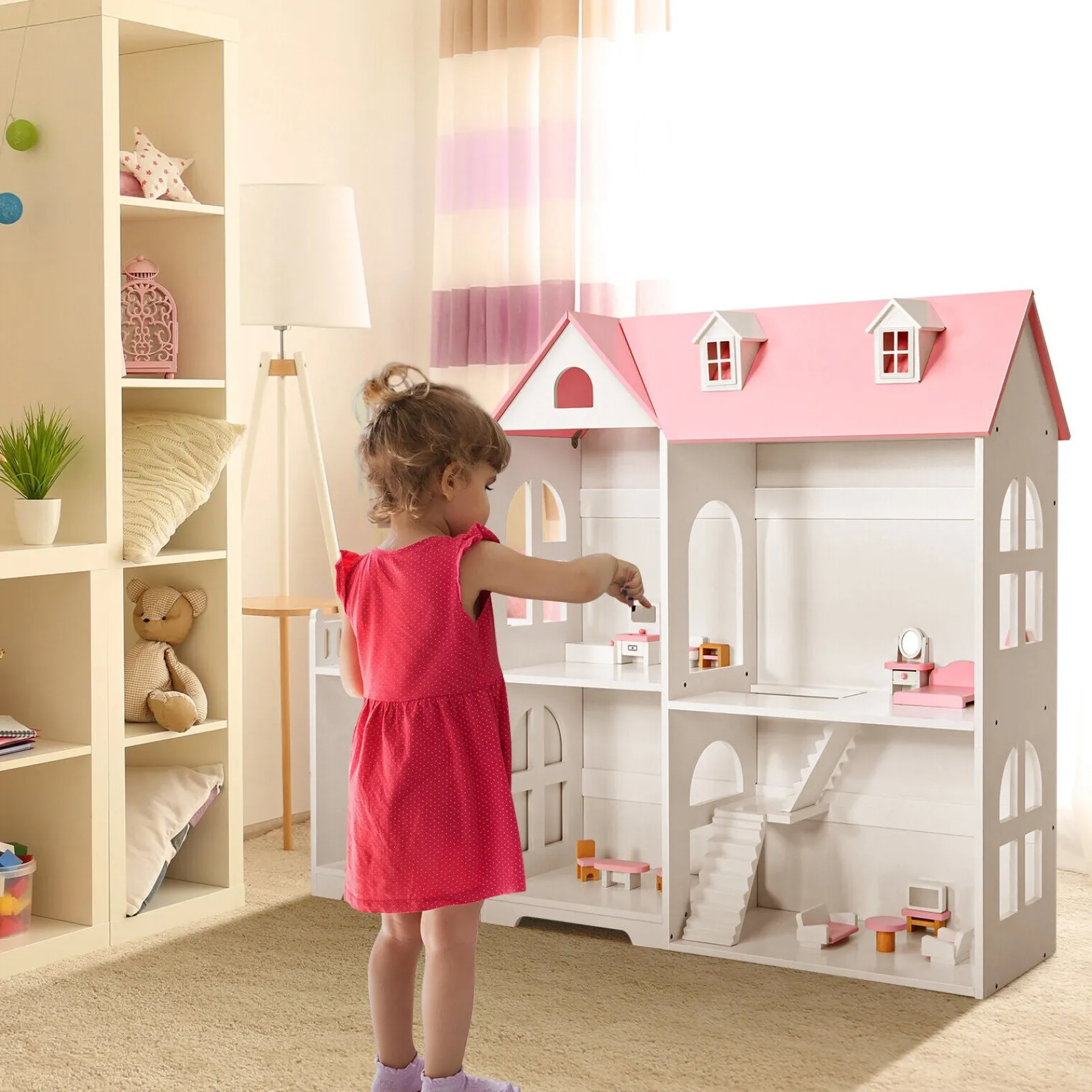 Little Helper Dollhouses | 2-Tier Dollhouse Bookcase 2-in-1 Multi-Purpose Children’s Wooden Bookshelf