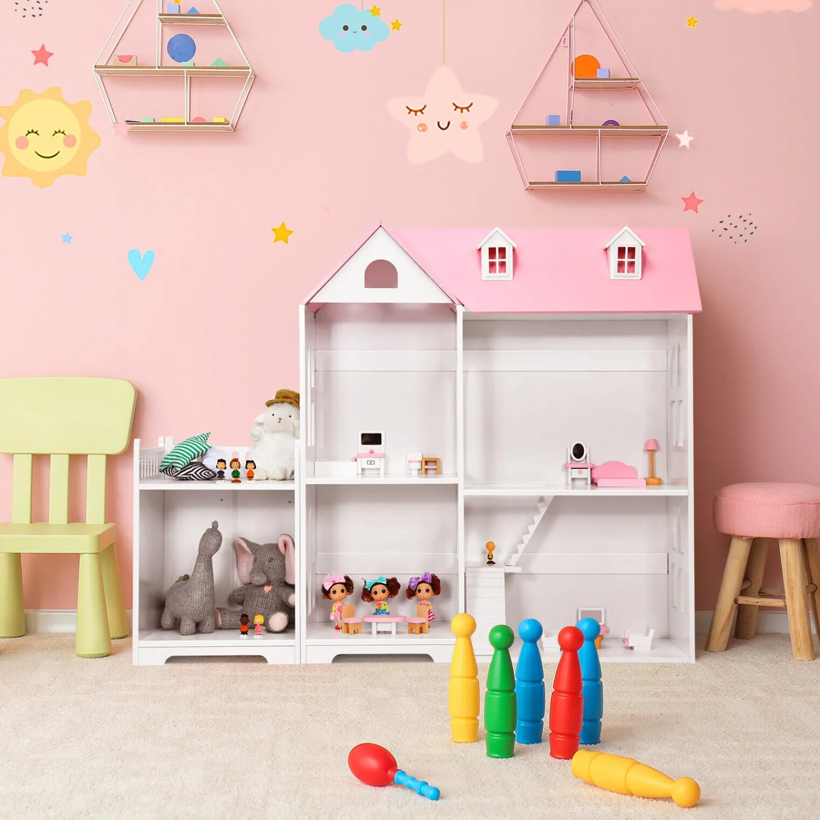 Little Helper Dollhouses | 2-Tier Dollhouse Bookcase 2-in-1 Multi-Purpose Children’s Wooden Bookshelf