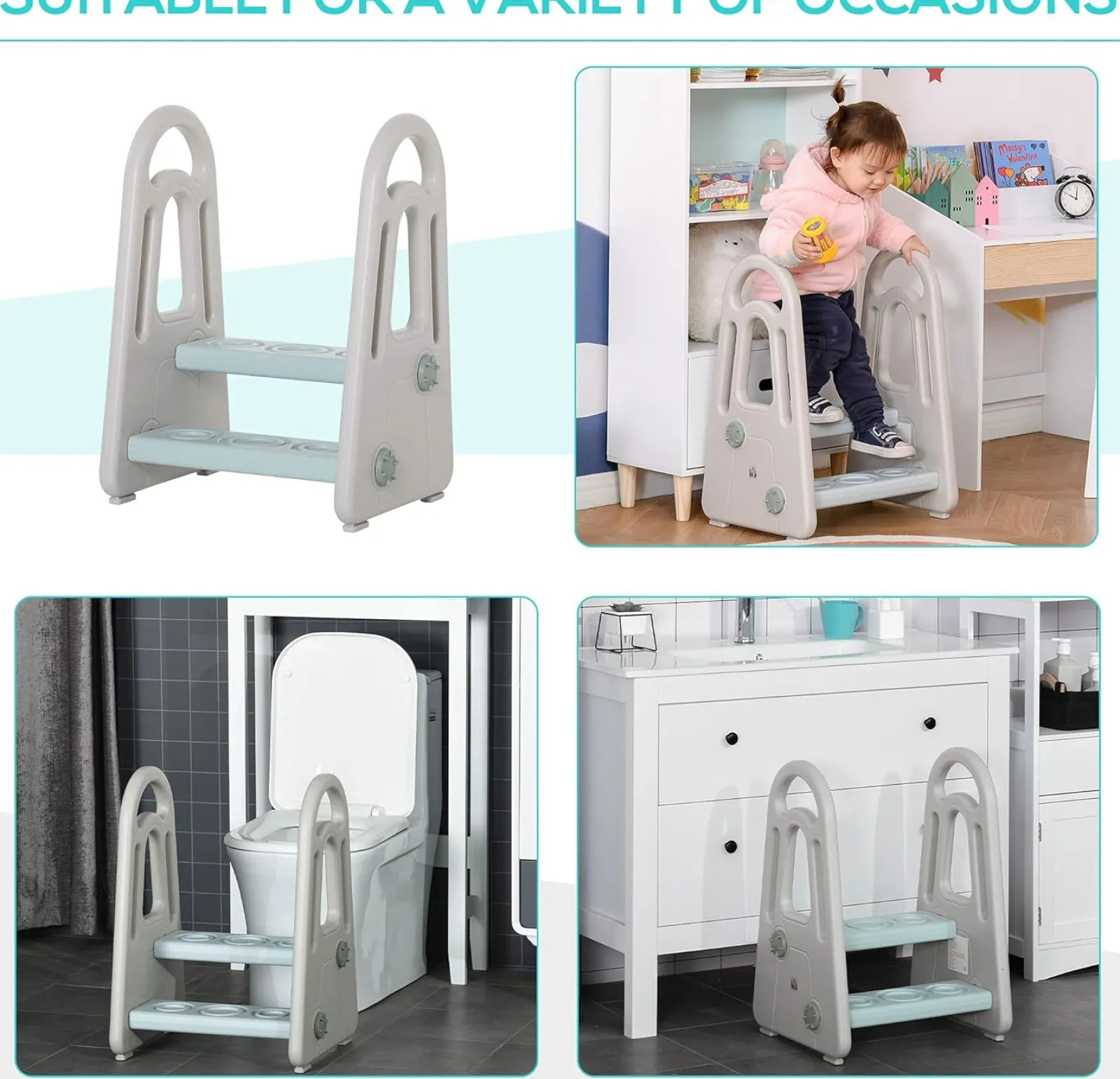 Little Helper Chairs & Stools | Step Stools | Toddler's Montessori Non Slip Plastic Step Stool | Learning Tower | Mint & Grey | 2-5 Years