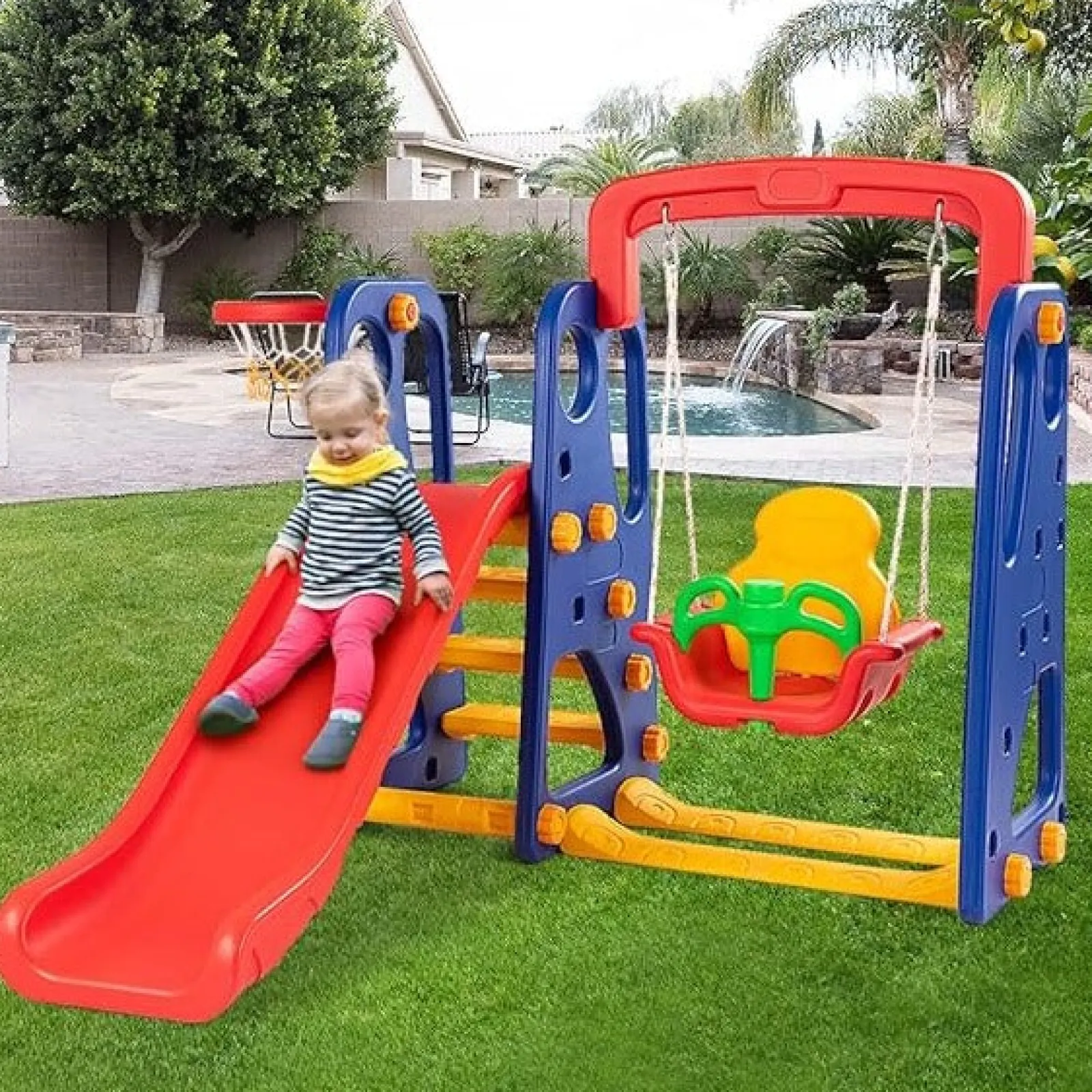 Little Helper Swing & Slide Sets & Garden Play & Trampolines | Montessori Toys & Products | Toddlers Montessori Play Swing & Slide Set | Basketball | Indoor Outdoor | Multicoloured | 3-8 Years