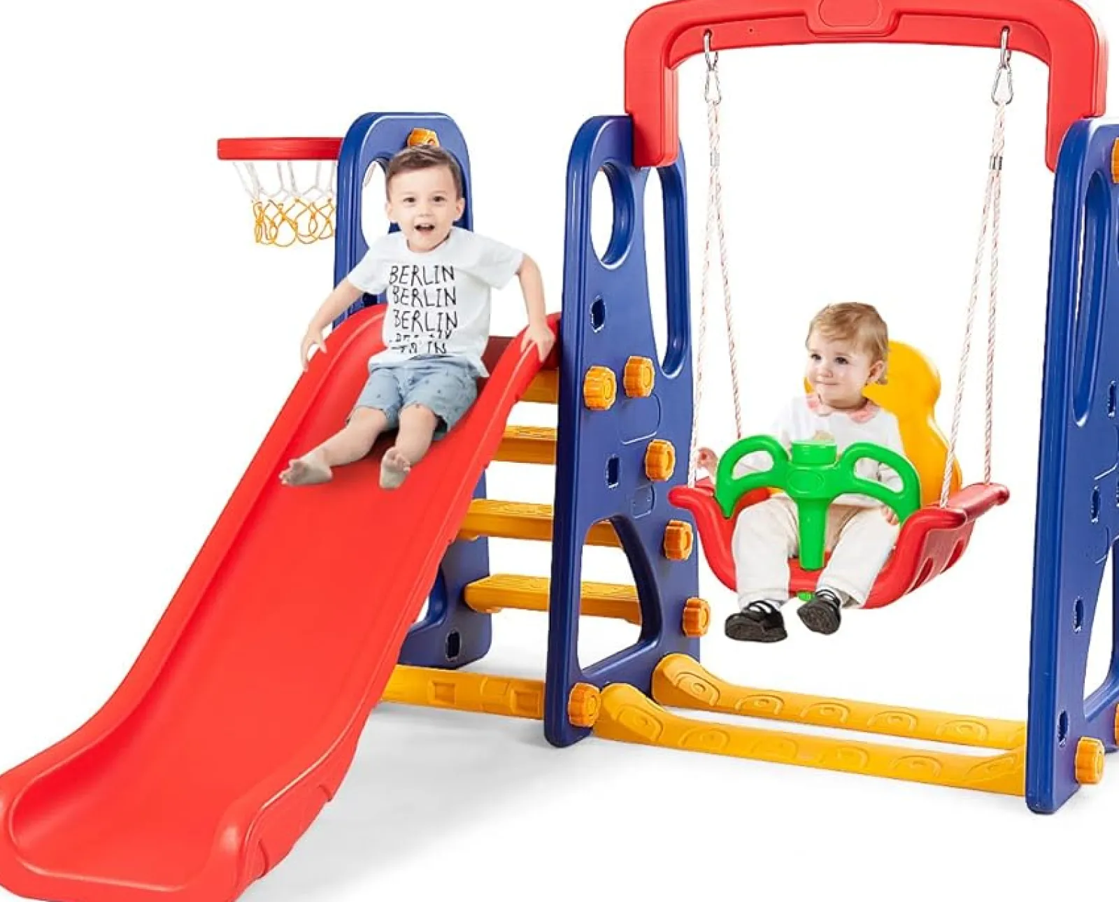 Little Helper Swing & Slide Sets & Garden Play & Trampolines | Montessori Toys & Products | Toddlers Montessori Play Swing & Slide Set | Basketball | Indoor Outdoor | Multicoloured | 3-8 Years