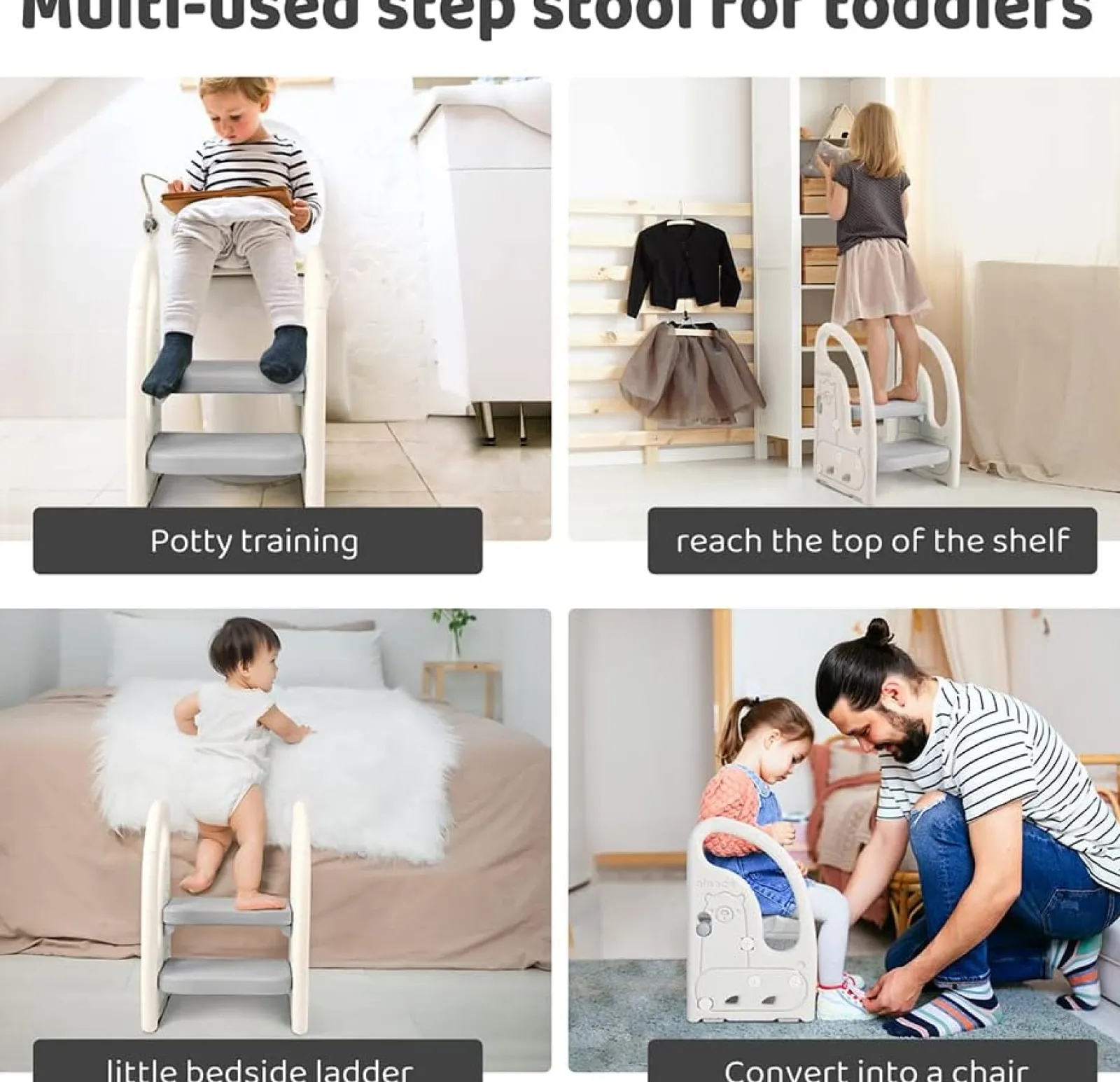 Little Helper Montessori Toys & Products | Step Stools | Toddler's Multi-Use Chunky and Funky Non Slip Plastic Step Stool | White & Grey